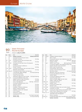 Europ e             World Cruise




Venice, Italy



                    Dawn Princess
 90
                                              ®




                    Round Europe
 Days               Departs July 13, 2013
D ay     Date        Port                                                Duration^    D ay      Date     Port                                              Duration^

1        Jul 13      Sydney, Australia                        Embark Afternoon        46        Aug 27   Ljubljana, Slovenia (Koper)                       Full Day
2        14          Cruising the South Pacific Ocean                                 47        28       Split, Croatia                                    Full Day
3        15          Brisbane, Australia                                 Full Day     48        29       Cruising the Adriatic Sea  Mediterranean Sea
4-9      16 -21      Cruising the Coral Sea and Arafura Sea                           49        30       Mykonos, Greece                      Half Day - Morning
10       22          Lombok, Indonesia                                   Full Day     50        31       Istanbul, Turkey                                Full Day
11-12    23-24       Cruising the Java Sea (Cross The Equator)                        51        Sep 1    ANZAC Cove, Turkey	           Morning Scenic Cruising
13       25          Singapore                                           Full Day     52        2        Cruising the Aegean Sea  Mediterranean Sea
14       26          Cruising the Strait of Malacca                                   53        3        Naples, Italy (for Capri  Pompeii)	              Full Day
15       27          Phuket, Thailand                                    Full Day     54        4        Rome, Italy (Civitavecchia)                       Full Day
16 -18   28 -30      Cruising the Andaman Sea and Indian Ocean                        55        5        Florence/Pisa, Italy (Livorno)                    Full Day
19       31          Maldives Islands (Malé)                             Full Day     56        6        Cannes, France (for Monte Carlo)	                 Full Day
20 -25   Aug 1- 6    Cruising the Indian Ocean and Red Sea                            57        7        Barcelona, Spain                     Full Day    Evening
26       7           Luxor/Karnak, Egypt (Safaga)       Full Day  Evening            58        8        Marseille, France (for Provence)                  Full Day
27       8           Cruising the Red Sea                                             59        9        Cruising the Mediterranean Sea
28       9           Transit the Suez Canal                                           60        10       Valletta, Malta                                   Full Day
29       10          Alexandria, Egypt (for Cairo  Giza)	     Full Day  Evening     61- 62    11-12    Cruising the Mediterranean Sea
30 -31   11-12       Cruising the Mediterranean Sea                                   63        13       Transit the Suez Canal
32       13          Naples, Italy (for Capri  Pompeii)	              Full Day       64        14       Sharm el Sheikh, Egypt (for Mt. Sinai)	           Full Day
33       14          Rome, Italy (Civitavecchia)                       Full Day       65        15       Aqaba, Jordan (for Petra)                         Full Day
34       15          Sicily, Italy (Messina)              Half Day - Afternoon        66 - 69   16 -19   Cruising the Red Sea
35       16          Cruising the Mediterranean Sea                                   70        20       Salãlah, Oman                                     Full Day
36       17          Santorini, Greece                                   Full Day     71-72     21-22    Cruising the Arabian Sea
37       18          Rhodes, Greece                                      Full   Day   73        23       Mumbai, India                                     Full Day
38       19          Kusadasi, Turkey (for Ephesus)                      Full   Day   74-75     24-25    Cruising the Arabian Sea and Indian Ocean
39       20          Athens, Greece (Piraeus)                            Full   Day   76        26       Colombo, Sri Lanka                  Full Day  Evening
40       21          Katakolon, Greece (for Olympia)                     Full   Day   77-79     27-29    Cruising the Indian Ocean and Andaman Sea
41       22          Corfu, Greece                                       Full   Day   80        30       Kuala Lumpur, Malaysia (Port Kelang)	             Full Day
42       23          Dubrovnik, Croatia                                  Full   Day   81- 84 Oct 1- 4    Cruising the Strait of Malacca and
43       24          Cruising the Adriatic Sea                                                           Java Sea (Cross The Equator)
44       25          Venice, Italy                           Full Day  Overnight     85     5           Darwin, Australia                                 Full Day
45       26          Venice, Italy                             Full Day  Evening     86 -90 6 -10       Cruising the Arafura Sea, Coral Sea and S. Pacific Ocean
                                                                                      91        11       Sydney, Australia                    Disembark Morning
 