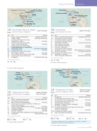 Asia  Africa                          E xotics

                                                                      JAPAN
                Overnight in Hong Kong                 Osaka                    Tokyo                                                   Semarang
                                                                              (Yokohama)                                                                            INDONESIA
                                                 Kagoshima                                                                                                                 Lombok
                                       CHINA                                                                                       Christmas Island
                                                                  Taipei                                                                                       Bali
                                                                                                                                                             (Benoa)
                                    Hong Kong                   (Keelung)                                                                                                   The Kimberly Coast
                                                        TAIWAN
                                                                                                                                                                                Scenic cruising
                                     VIETNAM                                                                                                                            Broome
                                       Angkor Wat                        Pacific Ocean
                                                    CAMBODIA
                                                                                                                                                                                 AUSTRALIA
                                                    Nha Trang                                                                          Indian Ocean
                                                                                                                                                                   Geraldton
                                               Ho Chi Minh City
                                                       (Phu My)                                                                                                         Perth
                             Singapore                                        Equator                                                                               (Fremantle)



      14Princess
      Sun  Southeast Asia  Japan                                              Sun Princess               ®
                                                                                                                    1Dawn Princess_16 Day Indonesia 013_R1_CA Dawn Princess
                                                                                                                     6 Indonesia                                                                                                ®




      Days Sail from Tokyo to Japan (TokyoSingapore) 013_R3_CA
       14 Day Southeast Asia  Singapore                                                                            D a ys         Sail roundtrip from Perth

      Day       Port                                                                             Duration^           Day      Port                                                                                Duration^

      1      Tokyo, Japan (Yokohama)             Embark Afternoon                                                    1        Perth, Australia (Fremantle)                             Embark Afternoon
      2      Osaka, Japan                       Half Day  Evening                                                   2- 4     Cruising the Indian Ocean
      3      Cruising the East China Sea                                                                             5        Christmas Island, Australia                                                       Full Day
      4      Kagoshima, Japan                              Full Day                                                  6        Cruising the Indian Ocean
      5      Cruising the East China Sea                                                                             7        Semarang, Indonesia                                     Full Day  Evening
      6      Taipei, Taiwan (Keelung)                      Full Day                                                  8        Cruising the Java Sea
      7      Cruising the East China Sea                                                                             9        Bali, Indonesia (Benoa)                                                           Full Day
             2-Day Experience in Hong Kong                                                                           10       Lombok, Indonesia                                                                 Full Day
      8      Hong Kong, China                  Full Day  Overnight	                                                 11       Cruising the Indian Ocean
      9      Hong Kong, China                              Full Day                                                  12       Kimberley Coast, Australia	                       Morning Scenic Cruising
      10 -11 Cruising the South China Sea                                                                            13       Broome, Australia                                      Full Day  Evening
      12     Nha Trang, Vietnam                            Full Day                                                  14 -15   Cruising the Indian Ocean
      13     Ho Chi Minh City, Vietnam (Phu My)            Full Day                                                  16       Geraldton, Australia                                              Full Day
      14     Cruising the South China Sea                                                                            17       Perth, Australia (Fremantle)	                           Disembark Morning
      15     Singapore	                         Disembark Morning
                                                                                                                    2013 Departure Date
      2013 Departure Date                                                                                           Ju n 	 1 0 	     Mon
      Ju l 	   23	     Tue
                                                                                                                	For Duration details, see page 139.
                                                                                                              	 ^




  	For Duration details, see page 139.
	 ^


                                                                                                                                               CAMBODIA Angkor Wat VIETNAM
                                                                                                                                   Bangkok
                                                                                                                              (Laem Chabang)                       Sihanoukville                         Pacific Ocean
                          Phuket               THAILAND                   Pacific Ocean                                                    Ko Samui               Ho Chi Minh City
                         Langkawi                MALAYSIA                                                                                   THAILAND                       (Phu My)
                                                                                                                                            MALAYSIA                                                        Equator

                          Penang                    Singapore                  Equator
                                                                                                                                                    Singapore           INDONESIA
                                                        INDONESIA                                                                                                       Lombok
                        Kuala Lumpur
                                                             Bali                                                                                                                       Gr
                             (Port Kelang)                                                                                                                                               ea
                                                                                                                                                                                         tB
                                                                                                                                                                                             ar r
                                                                                                                                                                                              i er
                                                            (Benoa)                                                                                                                             Re
                                                                                 Gr




                                                                                                                                                                                                    ef
                                                                                  ea
                                                                                   tB
                                                                                      ar
                                                                                       rie




                                                                                                                                     Indian Ocean                           AUSTRALIA
                                                                                        rR




                                                                                                                                                                                                            South Pacific
                                                                                           ee
                                                                                             f




                                                                                                                                                                                                               Ocean
                              Indian Ocean                      AUSTRALIA                                                                                                 Perth
                                                                                                                                                                        (Fremantle)
                                                            Perth
                                                        (Fremantle)

                                                                                                                    1Sun Princess_14 Day Treasures of Asia 013_R1_CA Princess
                                                                                                                     4 Treasures of Asia                         Dawn Princess                                                  ®




      12 Princess_12 Day Treasures of Asia 013_R1_CA Princess                                                                                                    Sun                                                        ®

                                                                                                                                   Sail from Singapore to Perth
       Sun Treasures of Asia                     Dawn Princess                                                      D a ys
                                                                                                          ®




                     Sail from Perth to SingaporeSun                                                  ®


      Days                                                                                                           Day      Port                                                                                Duration^

                                                                                                                     1     Singapore                           Embark Afternoon
      Day       Port                                                                             Duration^
                                                                                                                     2     Cruising the South China Sea
      1         Perth, Australia (Fremantle)          Embark Afternoon                                               3     Ho Chi Minh City, Vietnam (Phu My)           Full Day
      2- 4      Cruising the Indian Ocean                                                                            4     Cruising the South China Sea
      5         Bali, Indonesia (Padang Bay)                    Full Day                                             5     Sihanoukville, Cambodia                      Full Day
      6 -7      Cruising the Java Sea and Strait of Malacca                                                          6     Bangkok, Thailand (Laem Chabang)             Full Day
                (Cross The Equator)                                                                                  7     Ko Samui, Thailand                           Full Day
      8         Kuala Lumpur, Malaysia (Port Kelang)            Full Day                                             8 -10 Cruising the South China Sea and Java Sea
      9         Penang, Malaysia                     Full Day  Evening                                                    (Cross The Equator)
      10        Langkawi, Malaysia                              Full Day                                             11    Lombok, Indonesia                            Full Day
      11        Phuket , Thailand                               Full Day                                             12-14 Cruising the Indian Ocean
      12        Cruising the Strait of Malacca and Indian Ocean                                                      15    Perth, Australia (Fremantle)	      Disembark Morning
      13        Singapore	                           Disembark Morning
                                                                                                                    2013 Departure Dates
      2013 Departure Dates
                                                                                                                    Dawn Princess                        Sun Princess
      Dawn Princess                          Sun Princess                                                           M ay 	 2 7 	     Mon                 Au g 	 2 0 	    Tu e         Sep	 15	                Su n
      M ay 	 1 5	      Wed                   Sep	 3	      Tue
                                                                                                                      An optional overland excursion to Angkor Wat, Cambodia, is available
  	For Duration details, see page 139.
	 ^

                                                                                                                      between Ho Chi Minh City and Sihanoukville.

                                                                                                              	 ^
                                                                                                                    	For Duration details, see page 139.
                                                                                                                                                                                      princess.com                              71
 