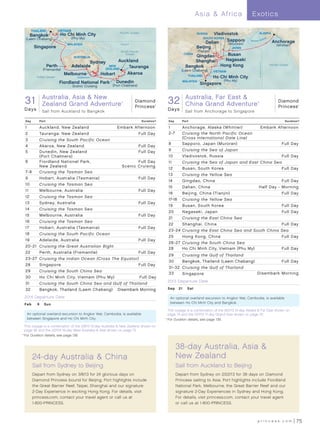 Asia  Africa                        E xotics

                THAILAND            VIETNAM
               Bangkok               Ho Chi Minh City                                   Paciﬁc Ocean                                            RUSSIA   Vladivostok                          ALASKA
          (Laem Chabang)                      (Phu My)                                                                                             SOUTH KOREA                                                            nd
                                                                                                                                                                                                                               s

                                                                                                                                                     Dalian             Sapporo     Aleutia n Isl
                                                                                                                                                                                                  a
                                                                                                                                                                                                                                    Anchorage
                                        MALAYSIA                                        Equator                                                                         (Muroran)                                                      (Whittier)
                  Singapore                                                                                                                     Beijing                  JAPAN
                                                            G
                                                                re                      South Paciﬁc                                              (Tianjin)
                                                                                           Ocean                                        CHINA
                                                                                                                                             Qingdao                Busan




                                                                 at
                                                                    Bar
                                               AUSTRALIA




                                                                        rie
                                                                                                                                                                   Nagasaki




                                                                          Rer
                                                                                  Auckland                                                   Shanghai




                                                                             e
                                                      Sydney




                                                                                f




                                                                                                                                                                                                International Date Line
                            Perth             Adelaide                        NEW     Tauranga                                           Bangkok                 Hong Kong                                                         Pacific Ocean
                       (Fremantle)                                          ZEALAND
                                                                                                                                       (Laem Chabang)         VIETNAM
                                       Melbourne                          Hobart     Akaroa                                               THAILAND
                   Indian Ocean                  TASMANIA                                                                                               Ho Chi Minh City
                                                                                      Dunedin                                                                (Phu My)
                                    Fiordland National Park                                                                            MALAYSIA
                                                                                                                                                   Singapore
                                              Scenic Cruising                       (Port Chalmers)



          31 Adventure 013_R3_CAAdventure Zealand
          Grand
                Australia, Asia New
          Diamond Princess_31 Day Australia, Asia, New
                Zealand Grand
                                                       Diamond
                                                       Princess
                                                                                         ®
                                                                                                                ®
                                                                                                                              32DayAustralia, Far Adventure
                                                                                                                               Diamond Princess
                                                                                                                               32
                                                                                                                                                     East 
                                                                                                                                    ChinaFar East and China GA 013_R2_CA
                                                                                                                                     Alaska, Grand
                                                                                                                                                                                            ®                                            Diamond
                                                                                                                                                                                                                                         Princess    ®


      Days            Sail from Auckland to Bangkok                                                                       D a ys         Sail from Anchorage to Singapore

          Day        Port                                                                               Duration^             Day      Port                                                                                                  Duration^

          1          Auckland, New Zealand                                            Embark Afternoon                        1        Anchorage, Alaska (Whittier)                                        Embark Afternoon
          2          Tauranga, New Zealand                                                            Full Day                2-7      Cruising the North Pacific Ocean
          3          Cruising the South Pacific Ocean                                                                                  (Cross International Date Line)
                                                                                                                              8        Sapporo, Japan (Muroran)                                                                            Full Day
          4          Akaroa, New Zealand                                                              Full Day
          5          Dunedin, New Zealand                                                             Full Day                9        Cruising the Sea of Japan
                     (Port Chalmers)                                                                                          10       Vladivostok, Russia                                                                                 Full Day
          6          Fiordland National Park,                                                   Full Day                      11       Cruising the Sea of Japan and East China Sea
                     New Zealand                                                         Scenic Cruising
                                                                                                                              12       Busan, South Korea                                                                                  Full Day
          7- 8       Cruising the Tasman Sea
                                                                                                                              13       Cruising the Yellow Sea
          9          Hobart , Australia (Tasmania)                                                    Full Day
                                                                                                                              14       Qingdao, China                                                                                      Full Day
          10         Cruising the Tasman Sea
                                                                                                                              15       Dalian, China                                         Half Day - Morning
          11         Melbourne, Australia                                                             Full Day
                                                                                                                              16       Beijing, China (Tianjin)                                                                            Full Day
          12         Cruising the Tasman Sea
                                                                                                                              17-18    Cruising the Yellow Sea
          13         Sydney, Australia                                                                Full Day
                                                                                                                              19       Busan, South Korea                                                                                  Full Day
          14         Cruising the Tasman Sea
                                                                                                                              20       Nagasaki, Japan                                                                                     Full Day
          15         Melbourne, Australia                                                             Full Day
                                                                                                                              21       Cruising the East China Sea
          16         Cruising the Tasman Sea
                                                                                                                              22       Shanghai, China                                                                                     Full Day
          17         Hobart , Australia (Tasmania)                                                    Full Day
                                                                                                                              23 -24 Cruising the East China Sea and South China Sea
          18         Cruising the South Pacific Ocean
                                                                                                                              25       Hong Kong, China                                                                                    Full Day
          19         Adelaide, Australia                                                              Full Day
                                                                                                                              26 -27 Cruising the South China Sea
          20 -21 Cruising the Great Australian Bight
                                                                                                                              28     Ho Chi Minh City, Vietnam (Phu My)                                                                    Full Day
          22         Perth, Australia (Fremantle)                                                     Full Day
                                                                                                                              29       Cruising the Gulf of Thailand
          23 -27 Cruising the Indian Ocean (Cross The Equator)
                                                                                                                              30       Bangkok, Thailand (Laem Chabang)                                                                    Full Day
          28         Singapore                                                                        Full Day
                                                                                                                              31-32 Cruising the Gulf of Thailand
          29         Cruising the South China Sea
                                                                                                                              33    Singapore                                              Disembark Morning
          30         Ho Chi Minh City, Vietnam (Phu My)                                                Full Day
                                                                                                                          2013 Departure Date
          31         Cruising the South China Sea and Gulf of Thailand
          32         Bangkok, Thailand (Laem Chabang)	 Disembark Morning                                                  S e p 	 2 1 	 S at

      2014 Departure Date                                                                                                      An optional overland excursion to Angkor Wat, Cambodia, is available
      Fe b 	        9	 Sun                                                                                                     between Ho Chi Minh City and Bangkok.
                                                                                                                    	
                                                                                                                        This voyage is a combination of the 9/21/13 15-day Alaska  Far East shown on
                                                                                                                        	 



              An optional overland excursion to Angkor Wat, Cambodia, is available                                      page 74 and the 10/7/13 17-day Grand Asia shown on page 70.
              between Singapore and Ho Chi Minh City.                                                               	 ^
                                                                                                                       	For Duration details, see page 139.
	
    This voyage is a combination of the 2/9/14 12-day Australia  New Zealand shown on
    	 




    page 82 and the 2/21/14 19-day West Australia  Asia shown on page 72.
	 ^
   	For Duration details, see page 139.


                                                                                                                                    38-day Australia, Asia 
                 24-day Australia  China                                                                                           New Zealand
                 Sail from Sydney to Beijing                                                                                        Sail from Auckland to Beijing
                 Depart from Sydney on 3/8/13 for 24 glorious days on                                                               Depart from Sydney on 2/22/13 for 38 days on Diamond
                 Diamond Princess bound for Beijing. Port highlights include                                                        Princess sailing to Asia. Port highlights include Fiordland
                 the Great Barrier Reef, Taipei, Shanghai and our signature                                                         National Park, Melbourne, the Great Barrier Reef and our
                 2-Day Experience in exciting Hong Kong. For details, visit                                                         signature 2-Day Experiences in Sydney and Hong Kong.
                 princess.com, contact your travel agent or call us at                                                              For details, visit princess.com, contact your travel agent
                 1-800-PRINCESS.                                                                                                    or call us at 1-800-PRINCESS.



                                                                                                                                                                                            princess.com                                            75
 