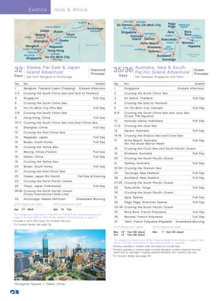 E xotics                 Asia  Africa

                                                                     ALASKA                                                                     THAILAND   VIETNAM
                                                                                                                                            Ko Samui       Ho Chi Minh City                           Pago       AMERICAN
                                    SOUTH KOREA            Aleutia n Isl
                                                                         a                     nd
                                                                                                    s
                                                                                                                                                                                                      Pago        SAMOA
                                                                                                         Anchorage                              MALAYSIA                                                                                              Equator
                           Dalian         Busan                                                             (Whittier)
                                                                                                                                               Singapore                            Apia                                                     Bora
                                                        Tokyo                                                                                                      INDONESIA                                                                 Bora FRENCH
                        Beijing                                                                                                                         Komodo           G
                                                                                                                                                                             r    SAMOA
           CHINA        (Tianjin)                   (Yokohama)                                                                                                                                                                                      POLYNESIA




                                                                                                                                                                             ea
                                                                                                                                                         Island Darwin




                                                                                                                                                                                 tB
                                                                                                                                                                               Nuku‘alofa




                                                                                                                                                                                 ar
                                              Osaka




                                                                                                                                                                                  r ie
                       Shanghai




                                                                                                                                                                                      r Re
                                                                                                                                                                                                                                                      TAHITI
                                                                                                                                                                                                                                            Moorea




                                                                                                                                                                                           ef
                                          JAPAN                                                                                                                Airlie Beach        TONGA




                                                                     International Date Line
                                                                                                        Pacific Ocean
             Bangkok                  Nagasaki                                                                                                Indian Ocean
                                                                                                                                                                      Brisbane ZEALAND                                                         Papeete




                                                                                                                                                                                                                  International Date Line
                                                                                                                                                                                   NEW
          (Laem Chabang)                                                                                                                                   AUSTRALIA
             THAILAND
                                     Hong Kong                                                                                                                        Sydney
                                        VIETNAM                                                                                                                                                                                                South Paciﬁc
           MALAYSIA
                                    Ho Chi Minh City                                                                                                                         Auckland                                                             Ocean
             Singapore                   (Phu My)                                                                                                                               Tauranga


  32 Alaska,Adventure GA 013_R1_CA
  Diamond Princess Far East
  33 Day Grand East and Japan
         Alaska, Far
                              Japan
                                                    ®                                                        Diamond
                                                                                                             Princess    ®
                                                                                                                                   35/36 Australia, AsiaAsia, South Pacific
                                                                                                                                    Ocean Princess_36 Day Australia,
                                                                                                                                                                      South
                                                                                                                                                Pacific Grand Adventure
                                                                                                                                    Grand Adventure 013_R1_CA
                                                                                                                                                                                                                                                ®     Ocean
                                                                                                                                                                                                                                                      Princess     ®


  Days       Sail from Bangkok to Anchorage                                                                                                   D a ys       Sail between Singapore and Tahiti

  Day     Port                                                                                                   Duration^             Day       Port                                                                                                  Duration^

  1       Bangkok, Thailand (Laem Chabang)	                                        Embark Afternoon                                    1         Singapore                                                      Embark Afternoon
  2-3     Cruising the South China Sea and Gulf of Thailand                                                                            2         Cruising the South China Sea
  4       Singapore                                                                                            Full Day                3         Ko Samui, Thailand                                                                                  Full Day
  5       Cruising the South China Sea                                                                                                 4         Cruising the Gulf of Thailand
  6       Ho Chi Minh City (Phu My)                                                                            Full Day                5         Ho Chi Minh City, Vietnam                                                                           Full Day
  7- 8    Cruising the South China Sea                                                                                                 6 -9      Cruising the South China Sea and Java Sea
                                                                                                                                                 (Cross The Equator)
  9       Hong Kong, China                                                                                     Full Day
                                                                                                                                       10        Komodo Island, Indonesia                                                                            Full Day
  10 -11 Cruising the South China Sea and East China Sea
                                                                                                                                       11-12     Cruising the Java Sea
  12      Shanghai, China                                                                                      Full Day
                                                                                                                                       13        Darwin, Australia                                                                                   Full Day
  13      Cruising the East China Sea
                                                                                                                                       14 -16    Cruising the Arafura Sea and Coral Sea
  14      Nagasaki, Japan                                                                                      Full Day
                                                                                                                                       17        Airlie Beach, Australia                                                                             Full Day
  15      Busan, South Korea                                                                                   Full Day
                                                                                                                                                 (for the Great Barrier Reef)
  16      Cruising the Yellow Sea
                                                                                                                                       18        Cruising the Coral Sea and South Pacific Ocean
  17      Beijing, China (Tianjin)                                                                             Full Day
                                                                                                                                       19        Brisbane, Australia                                                                                 Full Day
  18      Dalian, China                                                                                        Full Day
                                                                                                                                       20        Cruising the South Pacific Ocean
  19      Cruising the Yellow Sea
                                                                                                                                       21        Sydney, Australia                                                                                   Full Day
  20      Busan, South Korea                                                                                   Full Day
                                                                                                                                       22-24 Cruising the Tasman Sea
  21      Cruising the East China Sea
                                                                                                                                       25        Tauranga, New Zealand                                                                               Full Day
  22      Osaka, Japan (for Kyoto)                                  Full Day  Evening
                                                                                                                                       26        Auckland, New Zealand                                                                               Full Day
  23      Cruising the North Pacific Ocean
                                                                                                                                       27-28 Cruising the South Pacific Ocean
  24      Tokyo, Japan (Yokohama)                                                                              Full Day
                                                                                                                                       29        Nuku‘alofa, Tonga                                                                                   Full Day
  25-32 Cruising the North Pacific Ocean
                                                                                                                                       30        Cruising the South Pacific Ocean
        (Cross International Date Line)
                                                                                                                                       31        Apia, Samoa                                                                                         Full Day
  33      Anchorage, Alaska (Whittier)                            Disembark Morning
                                                                                                                                       32        Pago Pago, American Samoa                                                                           Full Day
  2013 Departure Date                    2014 Departure Date
                                                                                                                                       33 -34 Cruising the South Pacific Ocean
  Ap r 	 1 7 † 	 Wed                     Apr	 15	 Tue
                                                                                                                                       35        Bora Bora, French Polynesia                                                                         Full Day
		 his voyage is a combination of the 4/1/13 or 4/15/14 17-day Grand Asia shown on
    T
    page 70 and the 5/3/13 or 5/2/14 16-day Alaska  Far East shown on page 74.                                                        36        Moorea, French Polynesia                                                                            Full Day
	†	Includes a call to Nha Trang. Port duration may vary.                                                                               37        Tahiti, French Polynesia (Papeete)                           Disembark Morning
	 ^
   	For Duration details, see page 139.
                                                                                                                                   2013 Departure Dates                2014 Departure Date
                                                                                                                                   M a r 	 1 2 ° 	 Tu e (3 6 d ay s)   Mar	                     1 † 	 S at (3 5 d ay s)
                                                                                                                                   Oc t 	 1 5 	 Tu e (3 6 d ay s)
                                                                                                                             	
                                                                                                                                  This voyage is a combination of the 20-day Australia  Asia shown on page 72 and
                                                                                                                                 	 




                                                                                                                                  the 15- or 16-day South Pacific  New Zealand shown on page 88.
                                                                                                                             	†	Itinerary operates in reverse order and does not include Apia.
                                                                                                                             	°	tinerary operates in reverse order. Includes Bangkok. Lombok replaces Komodo
                                                                                                                                  I
                                                                                                                                  Island and an overnight in Sydney replaces Brisbane. Port duration may vary.
                                                                                                                             	 ^
                                                                                                                                 	For Duration details, see page 139.




  Zhongshan Square — Dalian, China
 