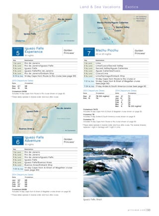 Land  Sea Vacations                                          E xotics

                                                                                                                                                                         Air Connection
                                     BRAZIL                   Rio de Janeiro                                              PERU                                           Rail Transport
                                                                                                                                                                         Motorcoach
                                                                                                                   Machu Picchu/Aguas Calientes

                                                                                                                   Lima                   Sacred Valley
                                                                                                                                          Cusco
                                                                                                    Paciﬁc Ocean
                    Iguazú Falls                             South Atlantic Ocean


                                                                                                                           To/From
                                                                                                                        Santiago, Chile
      ARGENTINA                                                         Air Connection



    Rio and Iguazú FallsCT (Rio Only) 013_R1
    Cruis etour      Iguazú Falls                                                               Machu Picchu Explorer 013_R1
                                                                                               Cruis etour
                                                                        Golden                                 Machu Picchu                                         Golden
          5          Experience
                     18 nights
                                                                        Princess     ®


                                                                                                    7          20 or 23 nights                                      Princess        ®




   Day              Destination                                                               Day              Destination

   1 By Land        Rio de Janeiro                                                            1 By Land        Lima
   2 By L and       Rio de Janeiro/Iguazú Falls                                               2 By Land        Lima/Cusco/Sacred Valley
   3 By Land        Iguazú Falls                                                              3 By Land        Sacred Valley/Aguas Calientes
   4 By Land        Iguazú Falls/Rio de Janeiro                                               4 By Land        Aguas Calientes/Cusco
   5 By Land        Rio de Janeiro/Embark Ship                                                5 By Land        Cusco/Lima
   6 -1 9 By S ea   14-day Cape Horn Route to Rio cruise (see page 90)                        6 By Land        Lima/Santiago/Embark Ship
                                                                                                               14-day Cape Horn Route to Rio cruise or
 2013 Departure Dates                                                                         7- 2 1 By S ea   14-day Cape Horn  Strait of Magellan cruise
 Dat e               Cruise t our                                                                              (see page 90)
 D e c 	 21†         5B                                                                       7- 24 By S ea    17-day Andes  South America cruise (see page 91)
 D e c 	 31          5A
 Cruisetours 5A/5B                                                                          2013 Departure Dates                          2014 Departure Dates
 Includes 14-day Cape Horn Route to Rio cruise shown on page 90.                            Dat e              Cruise t our               Dat e           Cruise t our

	†	These dates operate in reverse order; land tour after cruise.                            Dec	 4†            7 B (2 3 n i g ht s)       Jan	      4†    7C
                                                                                            Dec	 15            7A                         Jan	     12     7A
                                                                                                                                          Fe b 	    1†    7D
                                                                                                                                          Fe b 	    9     7A
                                                                                                                                          Mar	      1†    7D
                                                                                                                                          Mar	      9     7 B (2 3 n i g ht s)
                                                             Rio de Janeiro                 Cruisetours 7A/7D
                       Iguazú Falls                                                         Includes 14-day Cape Horn  Strait of Magellan cruise shown on page 90.
                                                                                            Cruisetour 7B
                                         BRAZIL                                             Includes 17-day Andes  South America cruise shown on page 91.
                                                              South Atlantic Ocean
                    ARGENTINA                                                               Cruisetour 7C
                                                                                            Includes 14-day Cape Horn Route to Rio cruise shown on page 90.

                                                                                           	†	 hese dates operate in reverse order; land tour after cruise. The reverse itinerary
                                                                                              T
                                                                                              replaces 1 night in Santiago with 1 night in Lima.
           Buenos Aires
                                                                          Air Connection



                     Iguazú Falls
    Cruis and Iguazú FallsCT (Rio/Buenos Aires) 013 _R1
     Rio etour
                                                                        Golden
         6           Adventure
                     19 nights
                                                                        Princess     ®




   Day              Destination

   1 By Land        Rio de Janeiro
   2 By L and       Rio de Janeiro
   3 By Land        Rio de Janeiro/Iguazú Falls
   4 By Land        Iguazú Falls
   5 By Land        Iguazú Falls/Buenos Aires
   6 By Land        Buenos Aires/Embark Ship
                    14 -day Cape Horn  Strait of Magellan cruise
   7- 2 0 By S ea
                    (see page 90)

 2014 Departure Dates
 Dat e               Cruise t our

 Jan	     18†        6B
 Jan	     27         6A
 Fe b 	   15†        6B
 Fe b 	   24         6A
 Cruisetours 6A/6B
 Includes 14-day Cape Horn  Strait of Magellan cruise shown on page 90.
	†	These dates operate in reverse order; land tour after cruise.

                                                                                            Iguazú Falls, Brazil



                                                                                                                                                          princess.com                    93
 