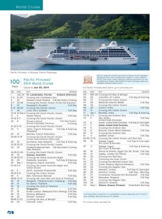 World Cruise




Pacific Princess in Moorea, French Polynesia
                    ®




                                                                                                  Take an optional overland excursion to Machu Picchu between
                                                                                                  Guayaquil and Lima including two nights in Cusco, Machu
                Pacific Princess
100
                                           ®
                                                                                                  Picchu and more. Other optional overland excursions to the
                                                                                                  Taj Mahal and Angkor Wat (UNESCO World Heritage Sites) are
                2014 World Cruise                                                                 available between select ports.
 Days           Departs Jan 20, 2014                                        For Pacific Princess deck plans, go to princess.com.
D ay     Date       Port                                      Duration^         D ay     Date       Port                                                Duration^

1        Jan 20     Ft . Lauderdale, Florida	      Embark Afternoon             64     Mar 25 Cruising the Bay of Bengal
2- 4     21-23      Cruising the Caribbean Sea                                  65     26     Colombo, Sri Lanka           Full Day  Evening
5        24         Panama Canal, Panama	 Full Day Scenic Cruising              66     27     Cruising the Indian Ocean
6 -7     25 -26     Cruising the Pacific Ocean (Cross the Equator)              67     28     Maldives Islands (Malé)                  Full Day
8        27         Guayaquil, Ecuador                        Full Day          68     29     Cruising the Indian Ocean
9 -10    28 -29     Cruising the Pacific Ocean                                  69     30     Cochin, India                            Full Day
11       30         Lima, Peru (Callao)                       Full Day          70     31     Cruising the Indian Ocean
12-16    31-Feb 4   Cruising the South Pacific Ocean                            71     Apr 1  Mumbai, India	                Full Day  Evening
17       5          Easter Island                             Full Day          72-74  2- 4   Cruising the Arabian Sea
18 -19   6 -7       Cruising the South Pacific Ocean                            75     5      Abu Dhabi,	                              Full Day
                                                                                              United Arab Emirates
20       8          Pitcairn Island,                  Full Day Scenic
                    British Overseas Territory               Cruising           76     6      Dubai, United Arab Emirates	 Full Day  Overnight
                                                                                77     7      Dubai, United Arab Emirates              Full Day
21-22 9 -10         Cruising the South Pacific Ocean
                                                                                78     8      Cruising the Arabian Sea
23    11            Tahiti, French Polynesia	      Full Day  Evening
                    (Papeete)                                                   79     9      Muscat , Oman (Mina Qaboos)	             Full Day
24    12            Moorea, French Polynesia	                 Full Day          80     10     Cruising the Arabian Sea
                                                                                81     11     Salãlah, Oman                            Full Day
25-29 13 -18        Cruising the South Pacific Ocean
                    (Cross International Date Line)                             82- 85 12-15  Cruising the Indian Ocean and Red Sea
30    19            Auckland, New Zealand	         Full Day  Evening           86     16     Safaga, Egypt	              Full Day  Overnight
                                                                                              (for Luxor  Karnak)
31-32 20 -21        Cruising the South Pacific Ocean
33    22                                                                        87       17         Safaga, Egypt	              Full Day  Evening
                    Fiordland National Park,	 Full Day Scenic Cruising
                    New Zealand                                                                     (for Luxor  Karnak)
34-35 23 -24                                                                    88       18         Sharm el Sheikh, Egypt (for Mt . Sinai)	 Full Day
                    Cruising the South Pacific Ocean
36    25            Sydney, Australia                         Full Day          89       19         Aqaba, Jordan (for Petra)                Full Day
37-38 26 -27                                                                    90       20         Cruising the Red Sea
                    Cruising the Great Australia Bight
39    28            Adelaide, Australia	          Full Day  Evening            91       21         Transiting the Suez Canal
40    Mar 1         Kangaroo Island, Australia                Full Day          92       22         Cruising the Mediterranean Sea
                                                                                93       23         Crete, Greece (Aghios Nikolaos)	         Full Day
41-43 2- 4          Cruising the Great Australia Bight and
                    Indian Ocean                                                94       24         Cruising the Aegean Sea
44    5             Perth, Australia (Fremantle)              Full Day          95       25         Istanbul, Turkey	         Full Day  Overnight
45-47 6 - 8                                                                     96       26         Istanbul, Turkey	           Half Day - Morning
                    Cruising the Indian Ocean
48    9             Bali, Indonesia (Benoa)                   Full Day          97       27         Constant¸a, Romania (for Bucharest)	 Full Day
49-52 10 -13                                                                    98       28         Nessebar, Bulgaria                       Full Day
                    Cruising the Java Sea and Gulf of Thailand
53    14            Bangkok, Thailand (Laem Chabang)	 Full Day                  99       29         Cruising the Aegean Sea
54    15            Ko Samui, Thailand	                       Full Day          100      30         Santorini, Greece                        Full Day
55    16                                                                        101      May 1      Athens, Greece (Piraeus)    Disembark Morning
                    Cruising the Gulf of Thailand
56    17            Singapore	                                Full Day
57    18            Kuala Lumpur, Malaysia (Port Kelang)	 Full Day
58    19            Penang, Malaysia                          Full Day           A 107-day World Cruise from Ft. Lauderdale to Venice departing Jan 27, 2013 is
59    20            Phuket , Thailand                         Full Day           also available. See princess.com for details.
60-62 21-23         Cruising the Bay of Bengal
63    24            Chennai, India                            Full Day    	 ^
                                                                                	For Duration details, see page 139.
 