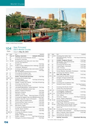 World Cruise




Dubai, United Arab Emirates


                 Sea Princess
104
                                    ®




                 2013 World Cruise
 Days            Departs May 20, 2013
D ay     Date      Port                                     Duration^         D ay      Date      Port                                     Duration^

1        May 20    Sydney, Australia	            Embark Afternoon             52        Jul 10    Cruising the Celtic Sea
2        21        Cruising the South Pacific Ocean                           53        11        Paris/Normandy, France       Full Day  Evening
                                                                                                  (Le Havre)
3        22        Brisbane, Australia                     Full Day
                                                                              54        12        London, England (Dover)                 Full Day
4 -11    23 -30    Cruising the Coral Sea and Java Sea
                   (Cross The Equator)                                        55        13        Rotterdam, The Netherlands	             Full Day
                                                                                                  (for Amsterdam)
12       31        Singapore                               Full Day           56        14        Cruising the North Sea                  Full Day
13       Jun 1     Kuala Lumpur, Malaysia (Port Kelang)	 Full Day             57        15        Copenhagen, Denmark                     Full Day
14       2         Langkawi, Malaysia                      Full Day           58        16        Oslo, Norway                            Full Day
15 -18   3-6       Cruising the Andaman Sea and Indian Ocean                  59        17        Cruising the North Sea
19       7         Mumbai, India	                          Full Day
                   (for Taj Mahal Overland Excursion)                         60        18        Faroe Islands, Denmark (Tórshavn)	      Full Day
20       8         Cruising the Arabian Sea                                   61- 66    19 -24    Cruising the Atlantic Ocean
21       9         Cruising the Gulf of Oman                                  67        25        New York, New York	                     Full Day
22       10        Dubai, United Arab Emirates             Full Day           68 -70    26 -28    Cruising the Atlantic Ocean
23-27    11-15     Cruising the Arabian Sea                                   71        29        Antigua, Antigua  Barbuda              Full Day
28       16        Safaga, Egypt	               Full Day  Evening            72        30        Cruising the Caribbean Sea
                   (for Luxor  Karnak)                                       73        31        Curaçao                                 Full Day
29       17        Aqaba, Jordan (for Petra)	 Full Day  Evening              74        Aug 1     Cruising the Caribbean Sea
30       18        Cruising the Red Sea                                       75        2         Panama Canal, Panama            Full Day Scenic
31       19        Transiting the Suez Canal                                                                                             Cruising
32       20        Jerusalem/Bethlehem, Israel (Ashdod)	 Full Day             76        3         Cruising the Pacific Ocean
33       21        Cruising the Mediterranean Sea                             77        4         Costa Rica (Puntarenas)                 Full Day
34       22        Athens, Greece (Piraeus)                Full Day           78 - 82   5 -9      Cruising the Pacific Ocean
35       23        My tilene, Greece                       Full Day           83        10        Los Angeles, California                 Full Day
36       24        Istanbul, Turkey                        Full Day           84 - 87   11-14     Cruising the Pacific Ocean
                                                                              88        15        Hilo, Hawaii                            Full Day
37       25        ANZAC Cove, Turkey	 Morning Scenic Cruising
38       26        Cruising the Aegean Sea and Mediterranean Sea              89    16            Honolulu, Hawaii             Full Day  Evening
39       27        Naples, Italy (for Capri  Pompeii)	    Full Day           90    17            Kauai, Hawaii (Nawiliwili)              Full Day
40       28        Rome, Italy (Civitavecchia)             Full Day           91-95 18 -22        Cruising the South Pacific Ocean
                                                                                                  (Cross The Equator)
41       29        Florence/Pisa, Italy (Livorno)          Full Day
                                                                              96        23        Pago Pago, American Samoa	              Full Day
42       30        Monte Carlo, Monaco                     Full Day
                                                                              97        24 -25    Cruising the South Pacific Ocean
43       Jul 1     Barcelona, Spain                        Full Day                               (Cross International Date Line)
44       2         Cruising the Mediterranean Sea                             98        26        Suva, Fiji                              Full Day
45       3         Seville, Spain (Cádiz)                  Full Day           99-100    27-28     Cruising the South Pacific Ocean
46       4         Lisbon, Portugal                        Full Day           101       29        Auckland, New Zealand        Full Day  Evening
47-48    5-6       Cruising the Atlantic Ocean                                102       30        Bay of Islands, New Zealand	            Full Day
49       7         Cork, Ireland	                          Full Day           103       31        Cruising the Tasman Sea
                   (Cobh – for Blarney Castle)
                                                                              104       Sep 1     Cruising the Tasman Sea
50       8         Dublin, Ireland	             Half Day  Evening
                                                                              105       2         Sydney, Australia           Disembark Morning
51       9         Glasgow, Scotland (Greenock)	           Full Day
                                                                        	 ^
                                                                              	For Duration details, see page 139.
 