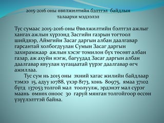 2015-2016 оны өвөлжилтийн бэлтгэл байдлын
талаархи мэдээлэл
Тус сумаас 2015-2016 оны Өвөлжилтийн бэлтгэл ажлыг
хангах ажлын хүрээнд Засгийн газрын тогтоол
шийдвэр, Аймгийн Засаг даргын албан даалгавар
гарсантай холбогдуулан Сумын Засаг даргын
захирамжаар ажлын хэсэг томилон бүх төсөвт албан
газар, аж ахуйн нэгж, багуудад Засаг даргын албан
даалгавар явуулан хугацаатай үүрэг даалгавар өгч
ажиллаа.
Тус сум нь 2015 оны эхний хагас жилийн байдлаар
тэмээ 15, адуу 10788, үхэр 8173, хонь 80975, ямаа 37102
бүгд 137053 толгой мал тоолуулж, эрдэнэт мал сүрэг
маань өмнөх оноос 30 гаруй мянган толгойгоор өссөн
үзүүлэлттэй байна.
 