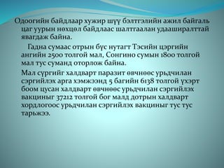 Одоогийн байдлаар хужир шүү бэлтгэлийн ажил байгаль
цаг уурын нөхцөл байдлаас шалтгаалан удааширалттай
явагдаж байна.
Гадна сумаас отрын бүс нутагт Тэсийн цэргийн
ангийн 2500 толгой мал, Сонгино сумын 1800 толгой
мал тус суманд оторлож байна.
Мал сүргийг халдварт паразит өвчнөөс урьдчилан
сэргийлэх арга хэмжээнд 5 багийн 6138 толгой үхэрт
боом цусан халдварт өвчнөөс урьдчилан сэргийлэх
вакциныг 37212 толгой бог малд дотрын халдварт
хордлогоос урьдчилан сэргийлэх вакциныг тус тус
тарьжээ.
 