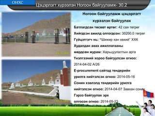 Цэцэрлэгт хүрээлэн Ногоон байгууламж- 30.2
Ногоон байгууламж цэцэрлэгт
хүрээлэн байгуулах
Батлагдсан төсөвт өртөг: 42 сая төгрөг
Хийгдсэн ажилд олгогдсон: 30200,0 төгрөг
Гүйцэтгэгч нь: “Шижир хан хөхий” ХХК
Худалдан авах ажиллагааны
мөрдсөн журам: Харьцуулалтын арга
Үнэлгээний хороо байгуулсан огноо:
2014-04-02 А/26
E-procurement сайтад тендерийн
урилга нийтэлсэн огноо: 2014-05-16
Сонин хэвлэлд тендерийн урилга
нийтэлсэн огноо: 2014-04-07 Завхан сонин
Гэрээ байгуулах эрх
олгосон огноо: 2014-05-23
ОНХС
 