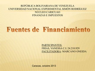 REPÚBLICA BOLIVARIANA DE VENEZUELA
UNIVERSIDAD NACIONAL EXPERIMENTAL SIMÓN RODRÍGUEZ
NÚCLEO CARICUAO
FINANZAS E IMPUESTOS

PARTICIPANTES:
FRÍAS, VANESSA C.I: 24.210.929
FACILITADORA: MARCANO ONEIDA

Caracas, octubre 2013

 