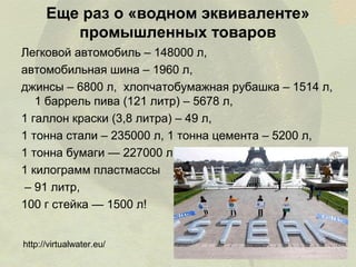 Еще раз о «водном эквиваленте»
промышленных товаров
Легковой автомобиль – 148000 л,
автомобильная шина – 1960 л,
джинсы – 6800 л, хлопчатобумажная рубашка – 1514 л,
1 баррель пива (121 литр) – 5678 л,
1 галлон краски (3,8 литра) – 49 л,
1 тонна стали – 235000 л, 1 тонна цемента – 5200 л,
1 тонна бумаги — 227000 л,
1 килограмм пластмассы
– 91 литр,
100 г стейка — 1500 л!
http://virtualwater.eu/

 