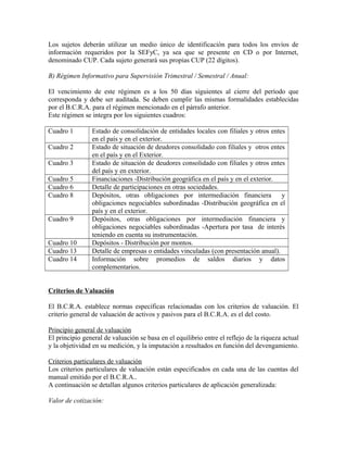 Los sujetos deberán utilizar un medio único de identificación para todos los envíos de
información requeridos por la SEFyC, ya sea que se presente en CD o por Internet,
denominado CUP. Cada sujeto generará sus propias CUP (22 dígitos).
B) Régimen Informativo para Supervisión Trimestral / Semestral / Anual:
El vencimiento de este régimen es a los 50 días siguientes al cierre del período que
corresponda y debe ser auditada. Se deben cumplir las mismas formalidades establecidas
por el B.C.R.A. para el régimen mencionado en el párrafo anterior.
Este régimen se integra por los siguientes cuadros:
Cuadro 1 Estado de consolidación de entidades locales con filiales y otros entes
en el país y en el exterior.
Cuadro 2 Estado de situación de deudores consolidado con filiales y otros entes
en el país y en el Exterior.
Cuadro 3 Estado de situación de deudores consolidado con filiales y otros entes
del país y en exterior.
Cuadro 5 Financiaciones -Distribución geográfica en el país y en el exterior.
Cuadro 6 Detalle de participaciones en otras sociedades.
Cuadro 8 Depósitos, otras obligaciones por intermediación financiera y
obligaciones negociables subordinadas -Distribución geográfica en el
país y en el exterior.
Cuadro 9 Depósitos, otras obligaciones por intermediación financiera y
obligaciones negociables subordinadas -Apertura por tasa de interés
teniendo en cuenta su instrumentación.
Cuadro 10 Depósitos - Distribución por montos.
Cuadro 13 Detalle de empresas o entidades vinculadas (con presentación anual).
Cuadro 14 Información sobre promedios de saldos diarios y datos
complementarios.
Criterios de Valuación
El B.C.R.A. establece normas específicas relacionadas con los criterios de valuación. El
criterio general de valuación de activos y pasivos para el B.C.R.A. es el del costo.
Principio general de valuación
El principio general de valuación se basa en el equilibrio entre el reflejo de la riqueza actual
y la objetividad en su medición, y la imputación a resultados en función del devengamiento.
Criterios particulares de valuación
Los criterios particulares de valuación están especificados en cada una de las cuentas del
manual emitido por el B.C.R.A..
A continuación se detallan algunos criterios particulares de aplicación generalizada:
Valor de cotización:
 