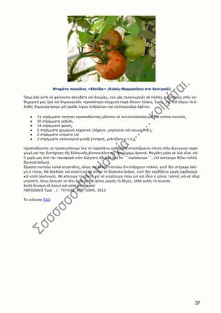 37
Ντομάτα ποικιλίας «Ελπίδα» (Κιλκίς-θερμοκήπιο στο Κεντρικό)
Ἴσως ὅλα αὐτὰ νὰ φαίνονται ἀσύνδετα καὶ θεωρίες, ποὺ μᾶς ταλαιπωροῦν σὲ πολλὲς συζητήσεις στὴν κα-
θημερινή μας ζωὴ καὶ δημιουργοῦν περισσότερο σύγχυση παρὰ δίνουν λύσεις. Ἐμεῖς, γιὰ τοῦ λόγου τὸ ἀ-
ληθὲς δημιουργήσαμε μιά ὁμάδα λίγων ἀνθρώπων καὶ καλλιεργοῦμε ἐφέτος:
11 στρέμματα πατάτας προσπαθώντας μάλιστα νὰ πολλαπλασιάσουμε μία ντόπια ποικιλία,
10 στρέμματα ρεβύθι,
14 στρέμματα φακές,
5 στρέμματα χειμερινὰ λαχανικὰ (λάχανο, μπρόκολο καὶ κουνουπίδι),
2 στρέμματα ντομάτα καὶ
2 στρέμματα καλοκαιρινὸ μπαξὲ (πιπεριά, μελιτζάνα κ.τ.λ.),
προσπαθώντας νὰ προσεγγίσουμε ὅλα τὰ παραπάνω καὶ προσανατολιζόμενοι πάντα στὴν βιολογικὴ παρα-
γωγὴ καὶ τὴν διατήρηση τῆς Ἑλληνικῆς βιοποικιλότητας. Ἐπιτύχαμε ἀρκετά. Μεγάλη μέσα σὲ ὅλα εἶναι καὶ
ἡ χαρά μας ἀπὸ τὴν προσφορὰ στὸν ἐλάχιστο ἀδελφὸ ἀπὸ τὸ ΄΄περίσσευμα΄΄, (τὸ ὑστέρημα θέλει πολλὴ
δουλειὰ ἀκόμη).
Εἴμαστε πιστεύω καλοὶ στρατιῶτες, ὅπως καὶ ἀλλοῦ πιστεύω ὅτι ὑπάρχουν πολλοὶ, γιατί δὲν στέρεψε ἀκό-
μη ὁ τόπος. Θὰ βρεθοῦν καὶ στρατηγοὶ σὲ αὐτὸν τὸ δύσκολο ἀγῶνα, γιατί δὲν κερδίζεται χωρὶς σχεδιασμὸ
καὶ καλὴ ὀργάνωση. Θὰ κάνουμε τὰ πάντα γιὰ νὰ γυρίσουμε πίσω μιά καὶ εἶναι ὁ μόνος τρόπος γιὰ νὰ πᾶμε
μπροστά, ὅπως ἄκουσα νὰ λέει ἕνας καλὸς φίλος μικρὸς τὸ δέμας, ἀλλὰ ψιλὸς τὴ σύνεση.
Καλὴ δύναμη σὲ ὅλους καὶ καλὴ ἀντάμωση!
ΠΕΡΙΟΔΙΚΟ ‘Ἐρῶ’ , Ι΄ ΤΕΥΧΟΣ, ΑΠΡ.-ΙΟΥΝ. 2012
Το αλίευσα ΕΔΩ
 