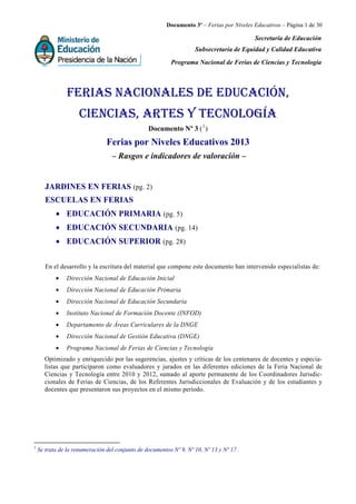 Documento 3º – Ferias por Niveles Educativos – Página 1 de 30
Secretaría de Educación
Subsecretaría de Equidad y Calidad Educativa
Programa Nacional de Ferias de Ciencias y Tecnología
FERIAS NACIONALES DE EDUCACIÓN,
CIENCIAS, ARTES Y TECNOLOGÍA
Documento Nº 3 (1
)
Ferias por Niveles Educativos 2013
– Rasgos e indicadores de valoración –
JARDINES EN FERIAS (pg. 2)
ESCUELAS EN FERIAS
• EDUCACIÓN PRIMARIA (pg. 5)
• EDUCACIÓN SECUNDARIA (pg. 14)
• EDUCACIÓN SUPERIOR (pg. 28)
En el desarrollo y la escritura del material que compone este documento han intervenido especialistas de:
• Dirección Nacional de Educación Inicial
• Dirección Nacional de Educación Primaria
• Dirección Nacional de Educación Secundaria
• Instituto Nacional de Formación Docente (INFOD)
• Departamento de Áreas Curriculares de la DNGE
• Dirección Nacional de Gestión Educativa (DNGE)
• Programa Nacional de Ferias de Ciencias y Tecnología
Optimizado y enriquecido por las sugerencias, ajustes y críticas de los centenares de docentes y especia-
listas que participaron como evaluadores y jurados en las diferentes ediciones de la Feria Nacional de
Ciencias y Tecnología entre 2010 y 2012, sumado al aporte permanente de los Coordinadores Jurisdic-
cionales de Ferias de Ciencias, de los Referentes Jurisdiccionales de Evaluación y de los estudiantes y
docentes que presentaron sus proyectos en el mismo período.
1
Se trata de la renumeración del conjunto de documentos Nº 9, Nº 10, Nº 13 y Nº 17 .
 