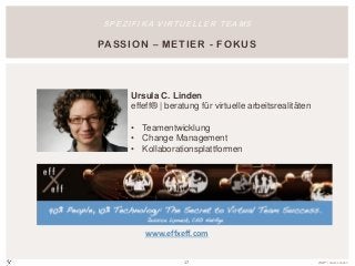 S P E Z I F I K A V I RT U E L L E R T E A M S

PASSION – M ETIER - F OK U S




        Ursula C. Linden
        effeff® | beratung für virtuelle arbeitsrealitäten

        • Teamentwicklung
        • Change Management
        • Kollaborationsplattformen




             www.effxeff.com


                         17                                  effeff® | ursula c. linden
 