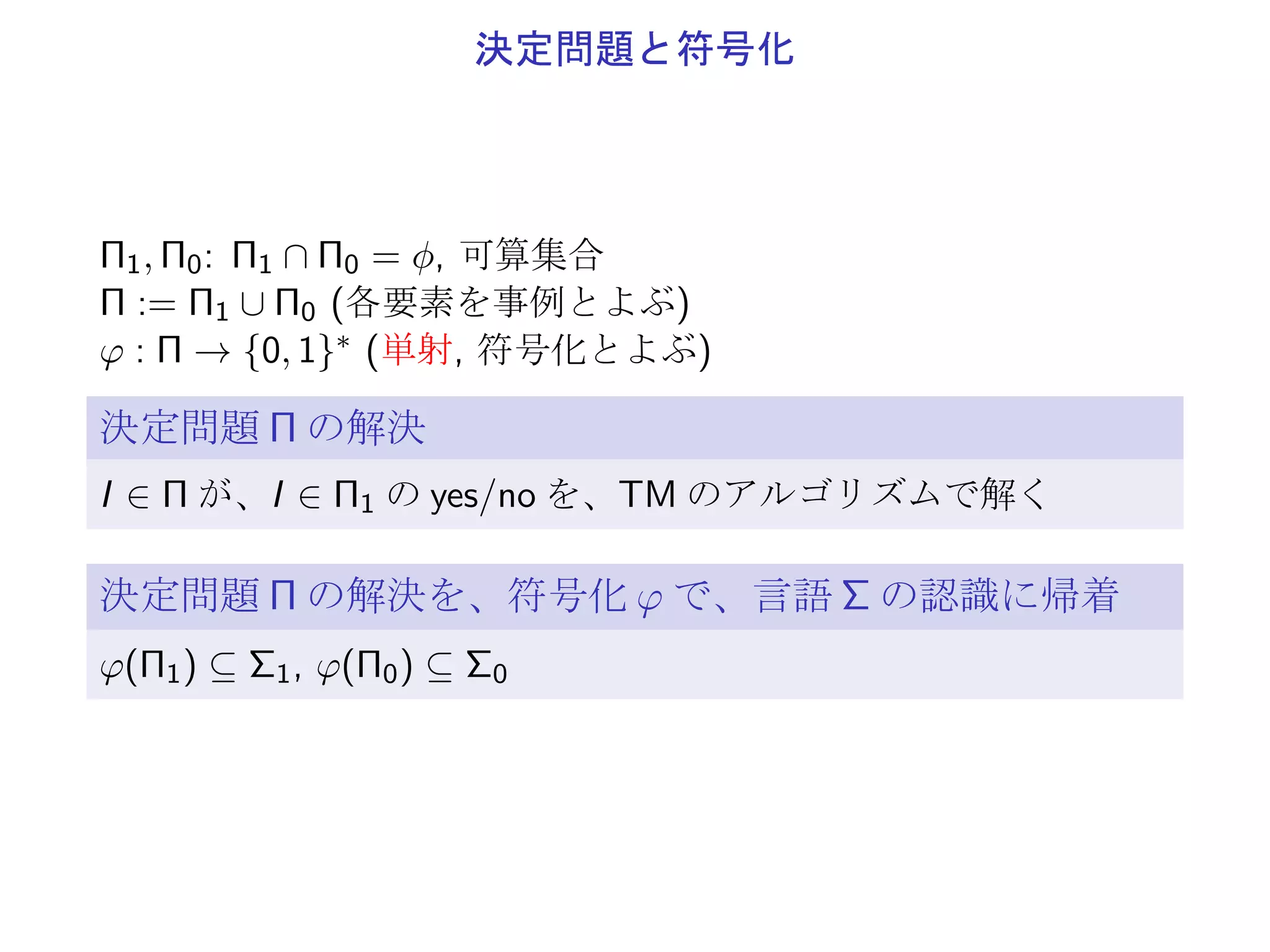 言語の認識
Σ1, Σ0 ⊆ {0, 1}∗, Σ1 ∩ Σ0 = ϕ
Σ := Σ1 ∪ Σ0
言語 Σ の認識
TM のアルゴリズムが
入力 σ ∈ Σ に対し、yes(σ ∈ Σ1) または no(σ ∈ Σ0) で停止
例: Σ = {0, 1}∗
1. σ ∈ {0, 1}∗ の中の 1 の個数が偶数か否か
2. σ ∈ {0, 1}∗ を 2 進数表記とみたときに、素数であるか否か
 