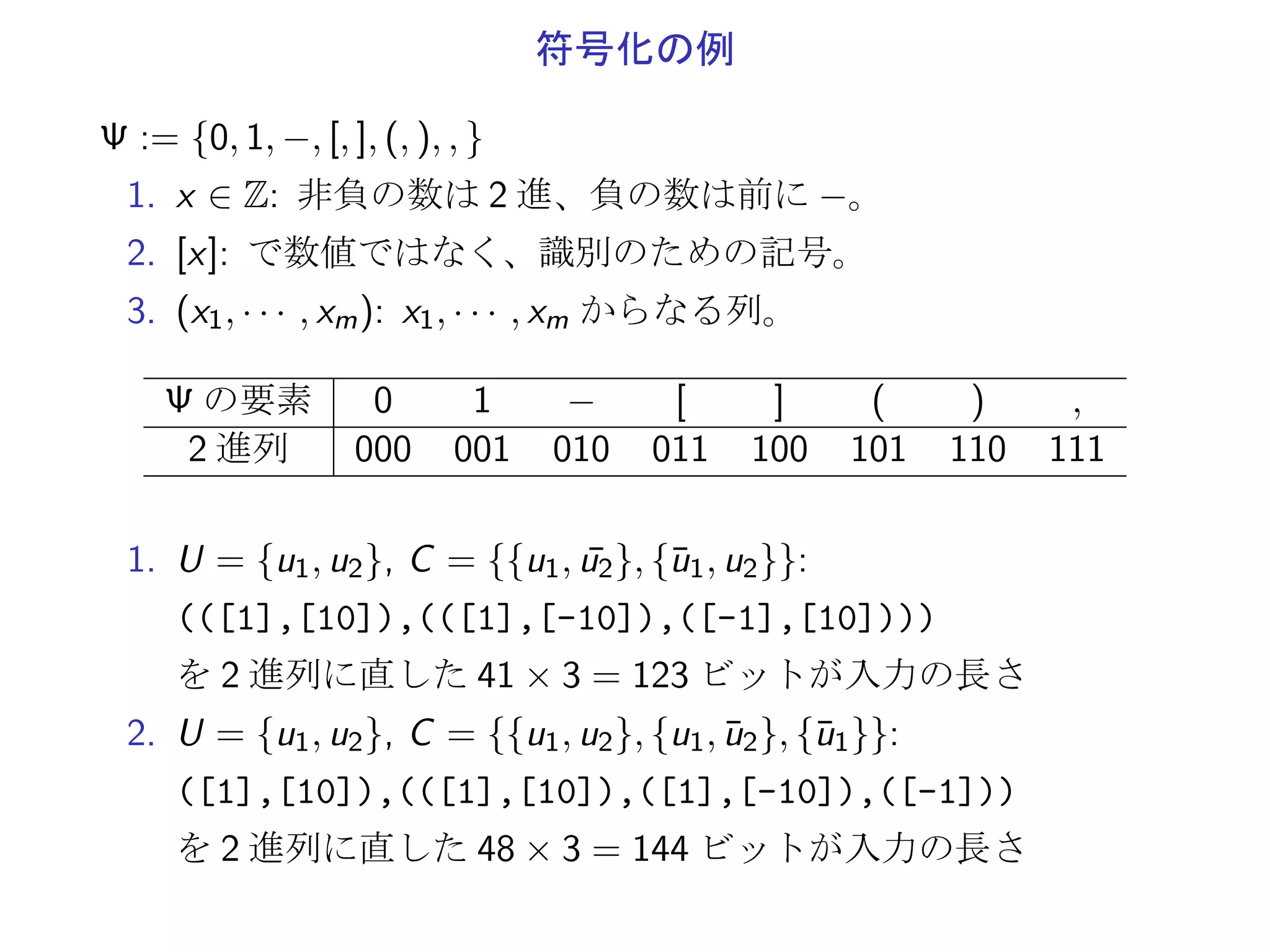 事例： 有限集合 U, U 上の節集合 C
質問：  t(C) = T となる t : U → {T, F} が存在するか。
 
1. U = {u1, u2}, C = {{u1, ¯u2}, {¯u1, u2}} 「存在する」
t(u1) = t(u2) = T なる t に対して t(C) = T。
2. U = {u1, u2}, C = {{u1, u2}, {u1, ¯u2}, {¯u1}} 「存在しない」
t(C) = T なる t が存在しない。
 