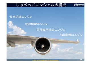 しゃべってコンシェルの構成


音声認識エンジン

     意図解釈エンジン
                 各種専門検索エンジン
                                                          知識検索エンジン




           © 2013 NTT DOCOMO, INC. All rights reserved.          14
 