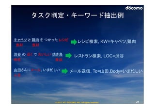 タスク判定・キーワード抽出例


キャベツ と 鶏肉 を つかった レシピ
                                     レシピ検索, KW=キャベツ,鶏肉
 食材    食材

渋谷 の 近く で おいしい 焼き鳥                レストラン検索, LOC=渋谷
地名              食品

山田さんにメール、いま忙しい               メール送信, To=山田,Body=いま忙しい
人名




               © 2013 NTT DOCOMO, INC. All rights reserved.   21
 