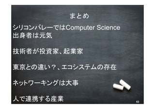 まとめ
シリコンバレーではComputer Science
出身者は元気

技術者が投資家、起業家

東京との違い？、エコシステムの存在

ネットワーキングは大事

人で連携する産業 © 2013 NTT DOCOMO, INC. All rights reserved.   63
 