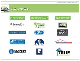 Proprietary & Confidential, Property of Freedom Growth




the players

CUSTODIANS    PROFESSIONALS   INVESTMENTS
 