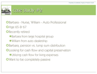 Proprietary & Confidential, Property of Freedom Growth




     case study #2

Barbara - Nurse, William - Auto Professional
Age 65 & 67
Recently retired
  Barbara from large hospital group
  William from auto dealership
Barbara, pension vs. lump sum distribution
Looking for cash flow and capital preservation
  Utilizing cash flow for living expenses
Want to be completely passive
 