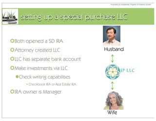 Proprietary & Confidential, Property of Freedom Growth




    setting up a special purchase LLC

Both opened a SD IRA
Attorney created LLC                       Husband
LLC has separate bank account
Make investments via LLC                                 SP LLC
  Check writing capabilities
       • Checkbook IRA or Real Estate IRA

IRA owner is Manager


                                             Wife
 