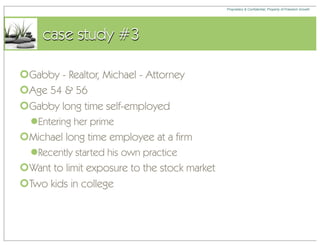 Proprietary & Confidential, Property of Freedom Growth




     case study #3

Gabby - Realtor, Michael - Attorney
Age 54 & 56
Gabby long time self-employed
  Entering her prime
Michael long time employee at a firm
  Recently started his own practice
Want to limit exposure to the stock market
Two kids in college
 