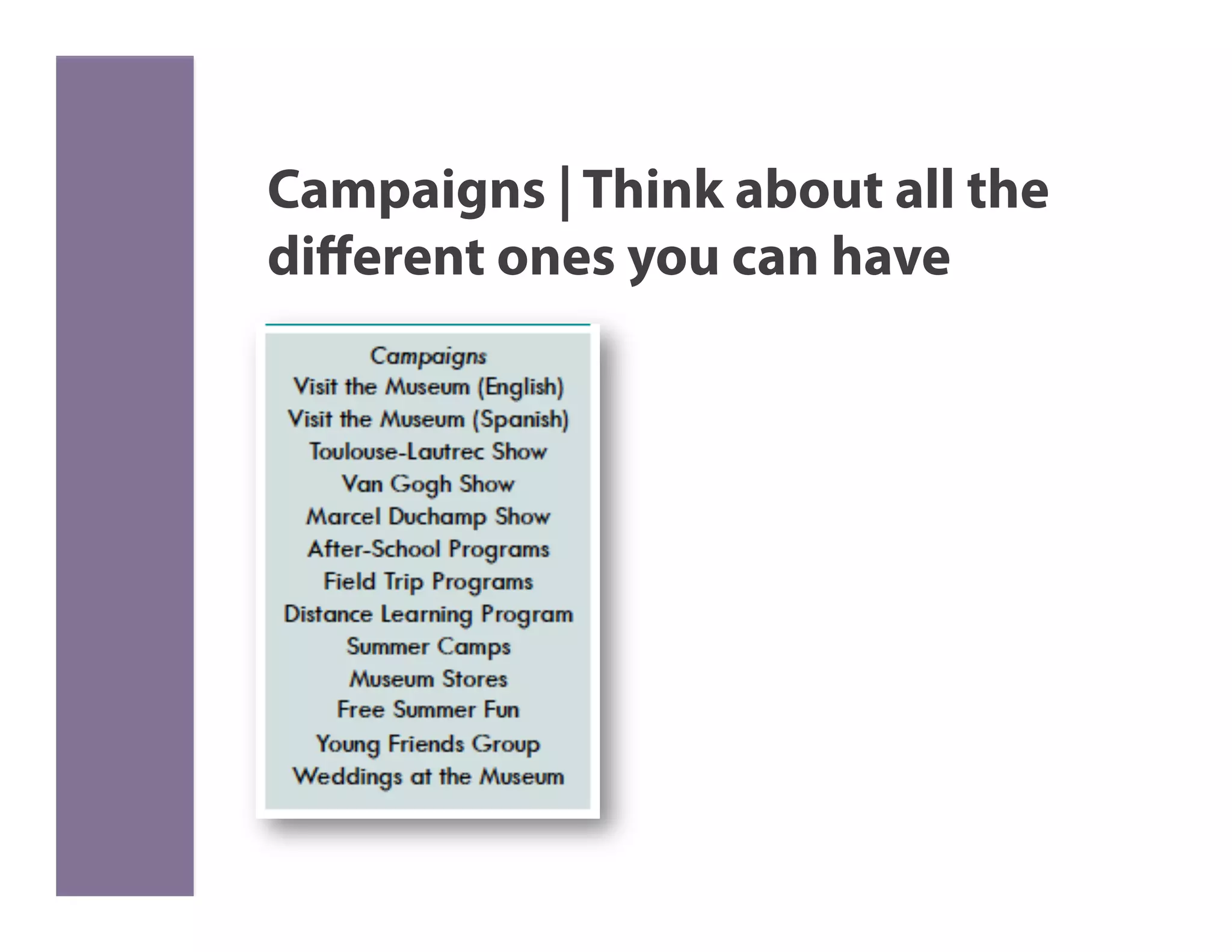 Campaigns | Think about all the
diﬀerent ones you can have
 