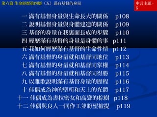 第六篇 生命經歷第四層（五）滿有基督的身量

一 滿有基督身量與生命長大的關係　 p108
二 說明基督身量與身體建造的關係　 p109
三 基督的身量在我裏面長成的步驟　 p110
四 經歷滿有基督的身量是身體的事 p111
五 我如何經歷滿有基督的生命性情 p112
六 滿有基督的身量就和基督同地位　 p113
七 滿有基督的身量就和基督同掌權　 p114
八 滿有基督的身量就和基督同得勝　 p115
九 以雅歌說明滿有基督身量的歷程　 p116
十 佳偶成為神的聖所和天上的光體　 p117
十一 佳偶成為書拉密女和高聳的棕樹 p118
十二 佳偶與良人一同作工並盼望被提　 p119

申言主題 6

 