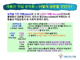 계층간 직업 양극화 – 어떻게 생존할 것인가?
능력을 가진 계층(talent)과 그 외 나머지 계층( the rest)간의사회
불평등이 심화될 것이다. 따라서 중간(the middle)에 속해있는 사
람들의 직업보장이 큰 사회적 문제가 된다.
세계적으로
유능한 계층
( Global Talent)
- 높은 수준의 교육을 받은 창의적인 전문직이다.
- 소수의 사람들만이 속하며 국가 간의 경계를 벗어나 거
주하고 일하며 상당한 보수를 요구한다.
- 국제적 이동성을 갖고 있다.
나머지
계층
(The rest)
저임금
노동자
(Low -
wage labor)
- 낮은 기술의 직업영역에서 일을 한다.
- 그 일에서 벗어날 기회가 거의 제공되지 않는다.
중산층
( The
middle
classes)
- 개별 분리된 기관에서 상당히 일상화된 임무를 담당하
며 높은 기술의 저임금 시장에 갇혀있고 상당히 경쟁적이
다.
- 높은 수준의 의사소통능력, 팀워크, 개개인의 유능감이
요구되지만 자율성이 보장되는 수준은 낮다.
 