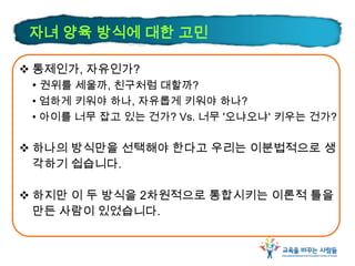 자녀 양육 방식에 대한 고민
 통제인가, 자유인가?
• 권위를 세울까, 친구처럼 대할까?
• 엄하게 키워야 하나, 자유롭게 키워야 하나?
• 아이를 너무 잡고 있는 건가? Vs. 너무 '오냐오냐' 키우는 건가?
 하나의 방식만을 선택해야 한다고 우리는 이분법적으로 생
각하기 쉽습니다.
 하지만 이 두 방식을 2차원적으로 통합시키는 이론적 틀을
만든 사람이 있었습니다.
 