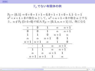 群環体
Fp でない有限体の例
F2 = {0, 1} ⇒ 0 + 0 = 1 + 1 = 0, 0 + 1 = 1 + 0 = 1, 1 · 1 = 1
x2 + x + 1 = 0 の根を α として、α2 + α + 1 = 0 の根を α とする
と、α ̸∈ F2 (1+1=0) の拡大 F22 = {0, 1, α, α + 1} は、体になる
+ 0 1 α α + 1
0 0 1 α α + 1
1 1 0 α + 1 α
α α α + 1 0 1
α + 1 α + 1 α 1 0
· 1 α α + 1
1 1 α α + 1
α α α + 1 1
α + 1 α + 1 1 α
8 / 15
実験数学 3, (大阪大学理学部数学科 3 年・4 年), 第 4 回: 有限体
 