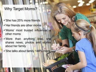 She has 25% more friends
Her friends are other moms
Moms’ most trusted influencer is
other moms
More than anything else, she
shares news, photos and stories
about her family
She talks about family 140% more
Why Target Moms?
 