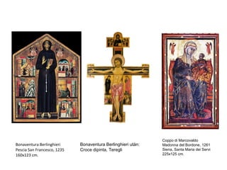 Coppo di Marcovaldo
Bonaventura Berlinghieri     Bonaventura Berlinghieri után:   Madonna del Bordone, 1261
Pescia San Francesco, 1235   Croce dipinta, Teregli           Siena, Santa Maria dei Servi
160x123 cm.                                                   225x125 cm.
 