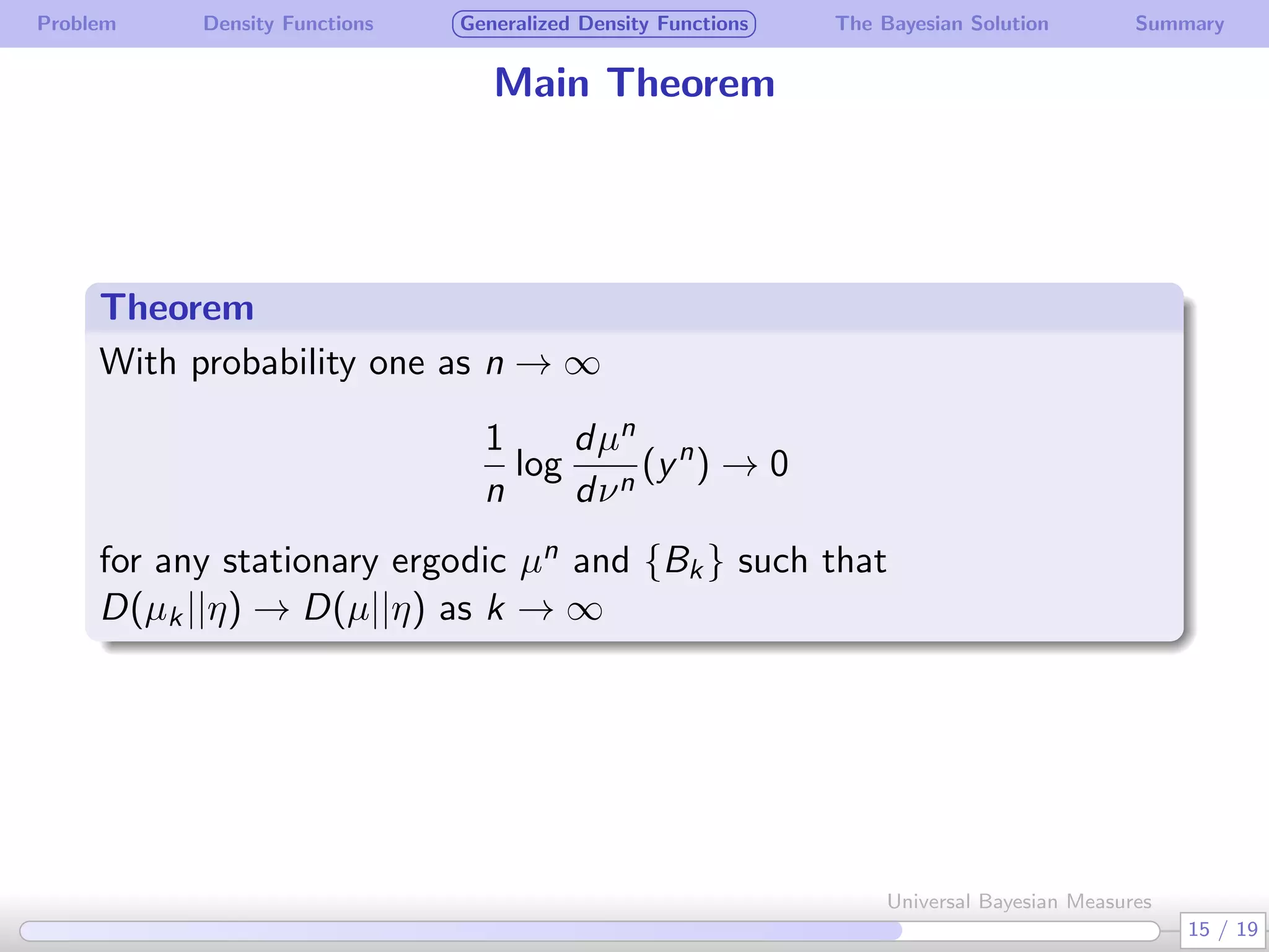 Problem Density Functions Generalized Density Functions The Bayesian Solution Summary
Main Theorem
Theorem
.
With probability one as n → ∞
1
n
log
dµn
dνn
(yn
) → 0
for any stationary ergodic µn and {Bk} such that
D(µk||η) → D(µ||η) as k → ∞
15 / 19
Universal Bayesian Measures
 