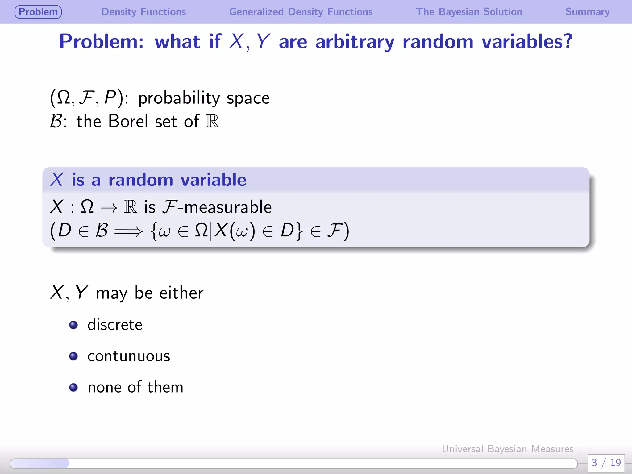 Problem Density Functions Generalized Density Functions The Bayesian Solution Summary
Problem: what if X, Y are arbitrary random variables?
(Ω, F, P): probability space
B: the Borel set of R
 
X is a random variable
.
.
X : Ω → R is F-measurable
(D ∈ B =⇒ {ω ∈ Ω|X(ω) ∈ D} ∈ F)
 
X, Y may be either
discrete
contunuous
none of them
3 / 19
Universal Bayesian Measures
 