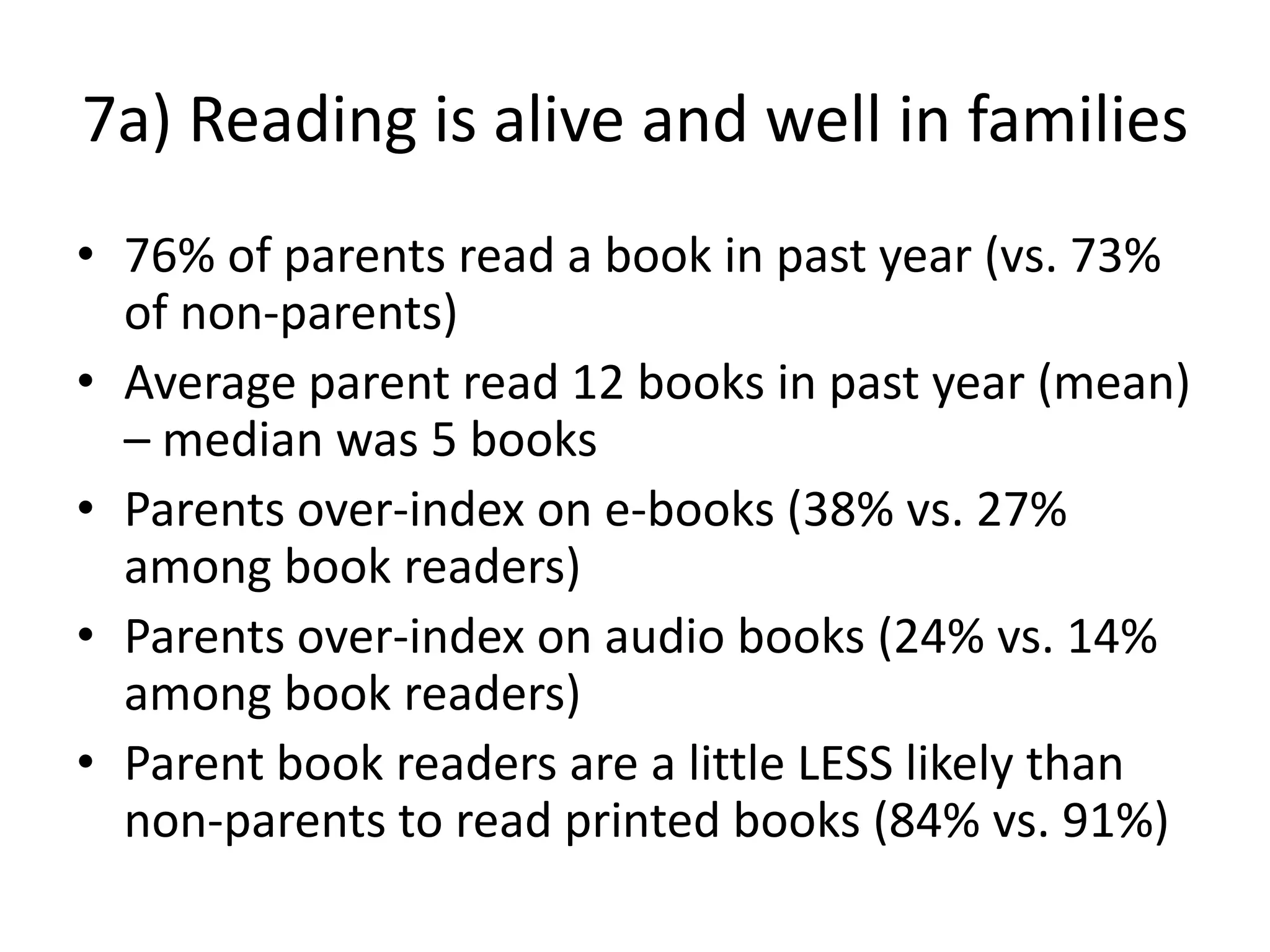 7a) Reading is alive and well in families
• 76% of parents read a book in past year (vs. 73%
of non-parents)
• Average parent read 12 books in past year (mean)
– median was 5 books
• Parents over-index on e-books (38% vs. 27%
among book readers)
• Parents over-index on audio books (24% vs. 14%
among book readers)
• Parent book readers are a little LESS likely than
non-parents to read printed books (84% vs. 91%)
 