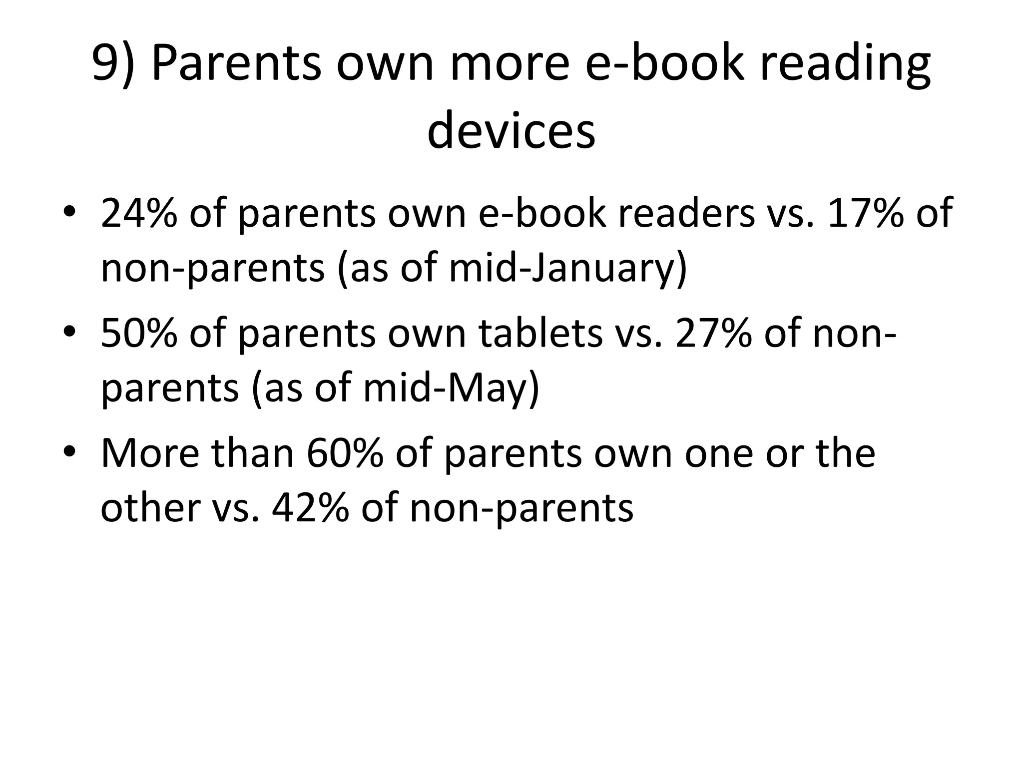 9) Parents own more e-book reading
devices
• 24% of parents own e-book readers vs. 17% of
non-parents (as of mid-January)
• 50% of parents own tablets vs. 27% of non-
parents (as of mid-May)
• More than 60% of parents own one or the
other vs. 42% of non-parents
 