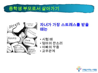 자녀가 가장 스트레스를 받을
때는
• 시험 때
• 엄마의 잔소리
• 아빠의 꾸중
• 교우관계
중학생 부모로서 살아가기
 