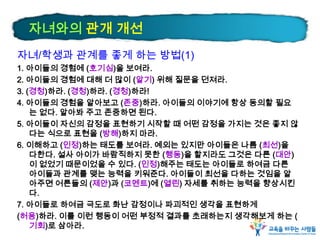 자녀와의 관개 개선
자녀/학생과 관계를 좋게 하는 방법(1)
1. 아이들의 경험에 (호기심)을 보여라.
2. 아이들의 경험에 대해 더 많이 (알기) 위해 질문을 던져라.
3. (경청)하라. (경청)하라. (경청)하라!
4. 아이들의 경험을 알아보고 (존중)하라. 아이들의 이야기에 항상 동의할 필요
는 없다. 알아봐 주고 존중하면 된다.
5. 아이들이 자신의 감정을 표현하기 시작할 때 어떤 감정을 가지는 것은 좋지 않
다는 식으로 표현을 (방해)하지 마라.
6. 이해하고 (인정)하는 태도를 보여라. 예외는 있지만 아이들은 나름 (최선)을
다한다. 설사 아이가 바람직하지 못한 (행동)을 할지라도 그것은 다른 (대안)
이 없었기 때문이었을 수 있다. (인정)해주는 태도는 아이들로 하여금 다른
아이들과 관계를 맺는 능력을 키워준다. 아이들이 최선을 다하는 것임을 알
아주면 어른들의 (제안)과 (코멘트)에 (열린) 자세를 취하는 능력을 향상시킨
다.
7. 아이들로 하여금 극도로 화난 감정이나 파괴적인 생각을 표현하게
(허용)하라. 이를 이런 행동이 어떤 부정적 결과를 초래하는지 생각해보게 하는 (
기회)로 삼아라.
 