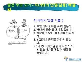 좋은 부모 되기 - 자녀와의 언쟁(갈등) 해결
법
자녀와의 언쟁 기술 5
1. 고함치거나 욕을 하지 않는다.
2. 자녀의 말을 끝까지 경청한다.
3. 차분하고 낮은 목소리를 유지한
다.
4. 비꼬거나 공격을 가하지 않는
다.
5. “이것에 관한 말을 다시는 꺼지
지 않는다.” 등과 같이 언쟁을
끝맺는다.
http://dharmaconsulting.com/2009/h
ow-to-reduce-conflict-a-14-second-t
utorial/
 