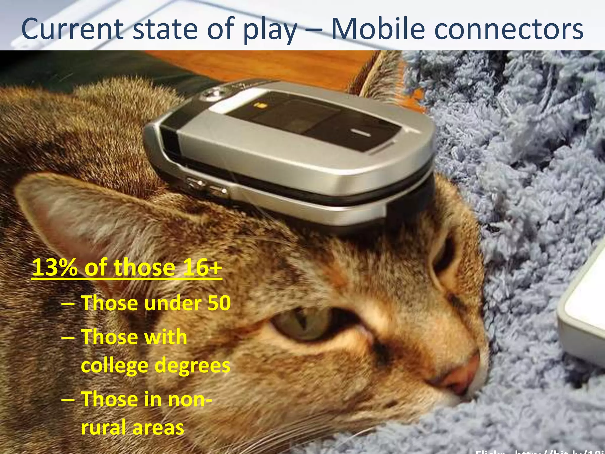 Current state of play – Mobile connectors
13% of those 16+
– Those under 50
– Those with
college degrees
– Those in non-
rural areas
 