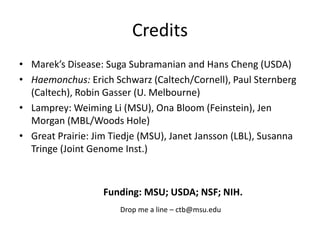 Credits
• Marek’s Disease: Suga Subramanian and Hans Cheng (USDA)
• Haemonchus: Erich Schwarz (Caltech/Cornell), Paul Sternberg
(Caltech), Robin Gasser (U. Melbourne)
• Lamprey: Weiming Li (MSU), Ona Bloom (Feinstein), Jen
Morgan (MBL/Woods Hole)
• Great Prairie: Jim Tiedje (MSU), Janet Jansson (LBL), Susanna
Tringe (Joint Genome Inst.)
Funding: MSU; USDA; NSF; NIH.
Drop me a line – ctb@msu.edu
 