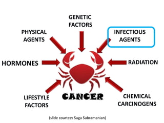 PHYSICAL
AGENTS
INFECTIOUS
AGENTS
HORMONES RADIATION
GENETIC
FACTORS
CHEMICAL
CARCINOGENS
LIFESTYLE
FACTORS
(slide courtesy Suga Subramanian)
 
