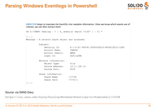 Parsing Windows Eventlogs in Powershell




Source: via SANS Diary
https://isc.sans.edu/diary/Parsing+Windows+Eventlogs+in+Powershell/15298


c license CC BY 3.0. 2013 Solido Networks, Henrik Lund Kramshøj            38
 