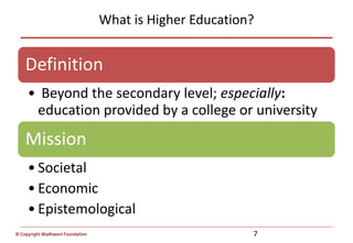 © Copyright Wadhwani Foundation
What is Higher Education?
Definition
• Beyond the secondary level; especially:
education provided by a college or university
Mission
• Societal
• Economic
• Epistemological
7
 