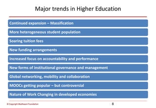 © Copyright Wadhwani Foundation
Major trends in Higher Education
8
Continued expansion – Massification
More heterogeneous student population
Soaring tuition fees
New funding arrangements
Increased focus on accountability and performance
New forms of institutional governance and management
Global networking, mobility and collaboration
MOOCs getting popular – but controversial
Nature of Work Changing in developed economies
 