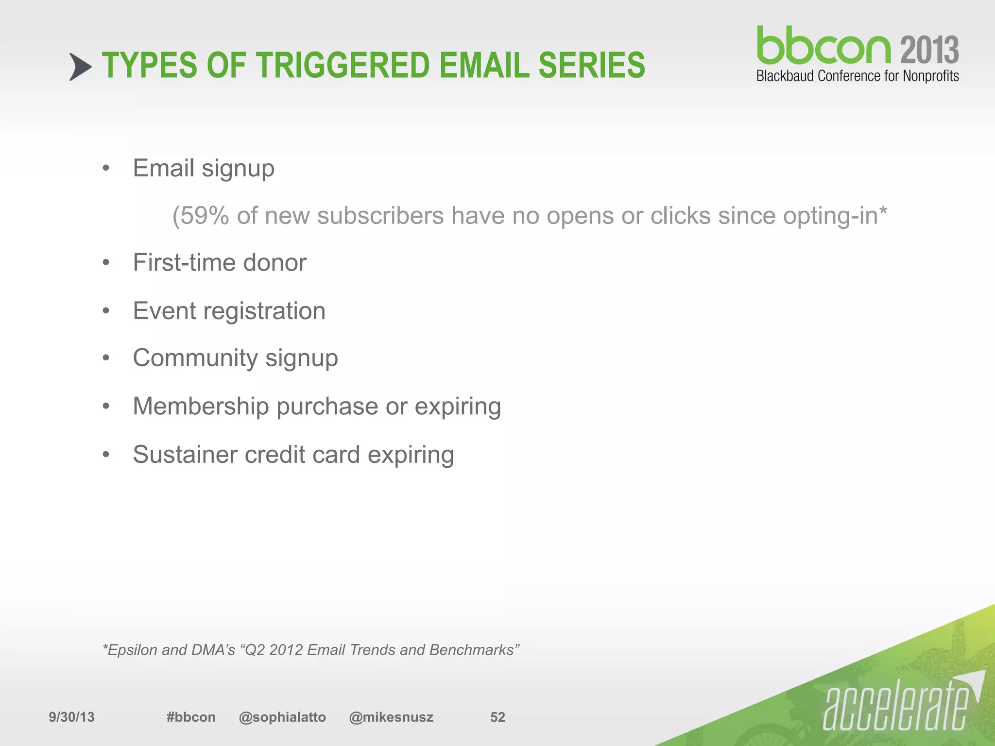 9/30/13 #bbcon @sophialatto @mikesnusz 52
TYPES OF TRIGGERED EMAIL SERIES
•  Email signup
(59% of new subscribers have no opens or clicks since opting-in*
•  First-time donor
•  Event registration
•  Community signup
•  Membership purchase or expiring
•  Sustainer credit card expiring
*Epsilon and DMA’s “Q2 2012 Email Trends and Benchmarks”
 