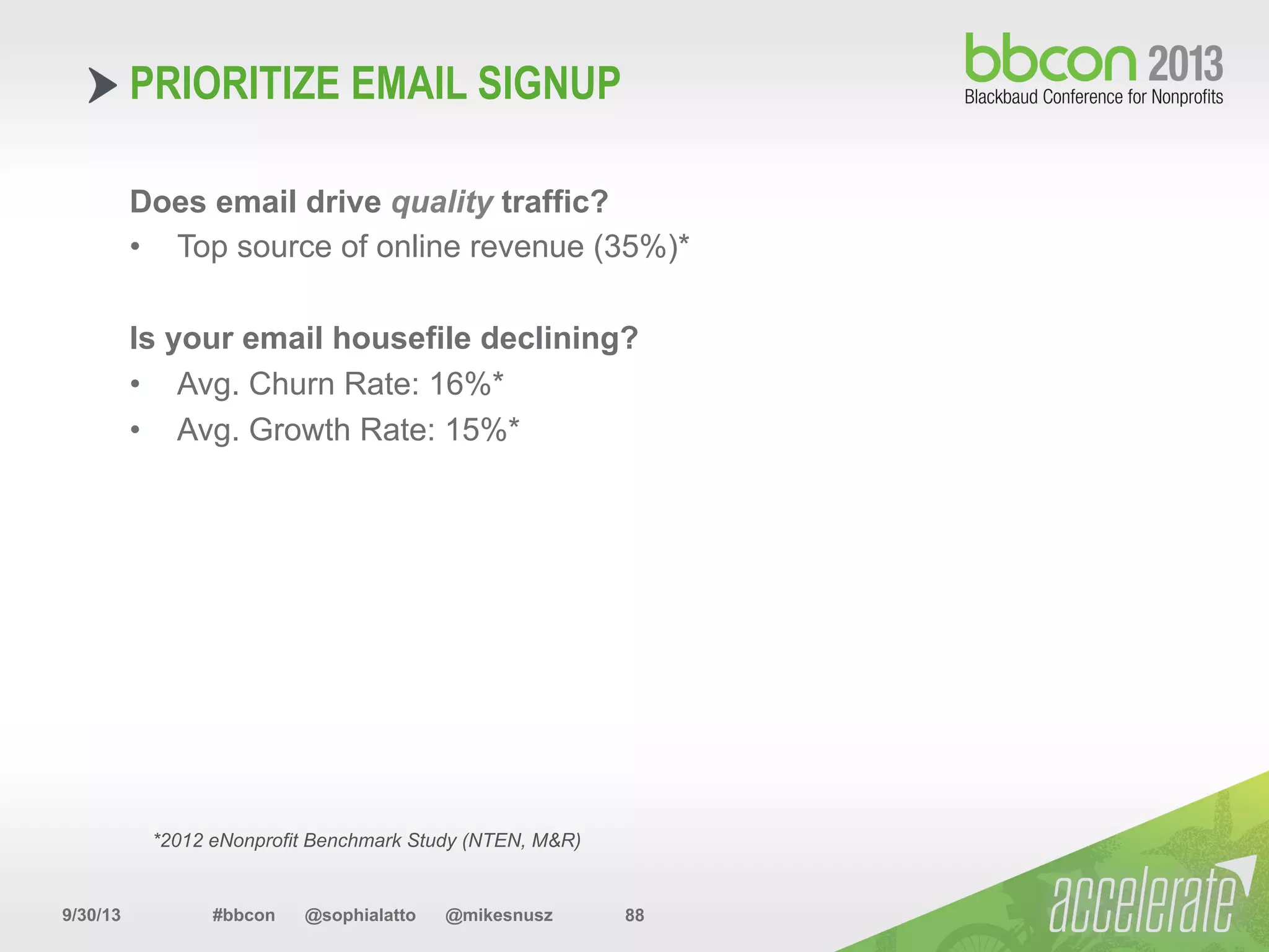 9/30/13 #bbcon @sophialatto @mikesnusz 88
PRIORITIZE EMAIL SIGNUP
Does email drive quality traffic?
•  Top source of online revenue (35%)*
Is your email housefile declining?
•  Avg. Churn Rate: 16%*
•  Avg. Growth Rate: 15%*
*2012 eNonprofit Benchmark Study (NTEN, M&R)
 