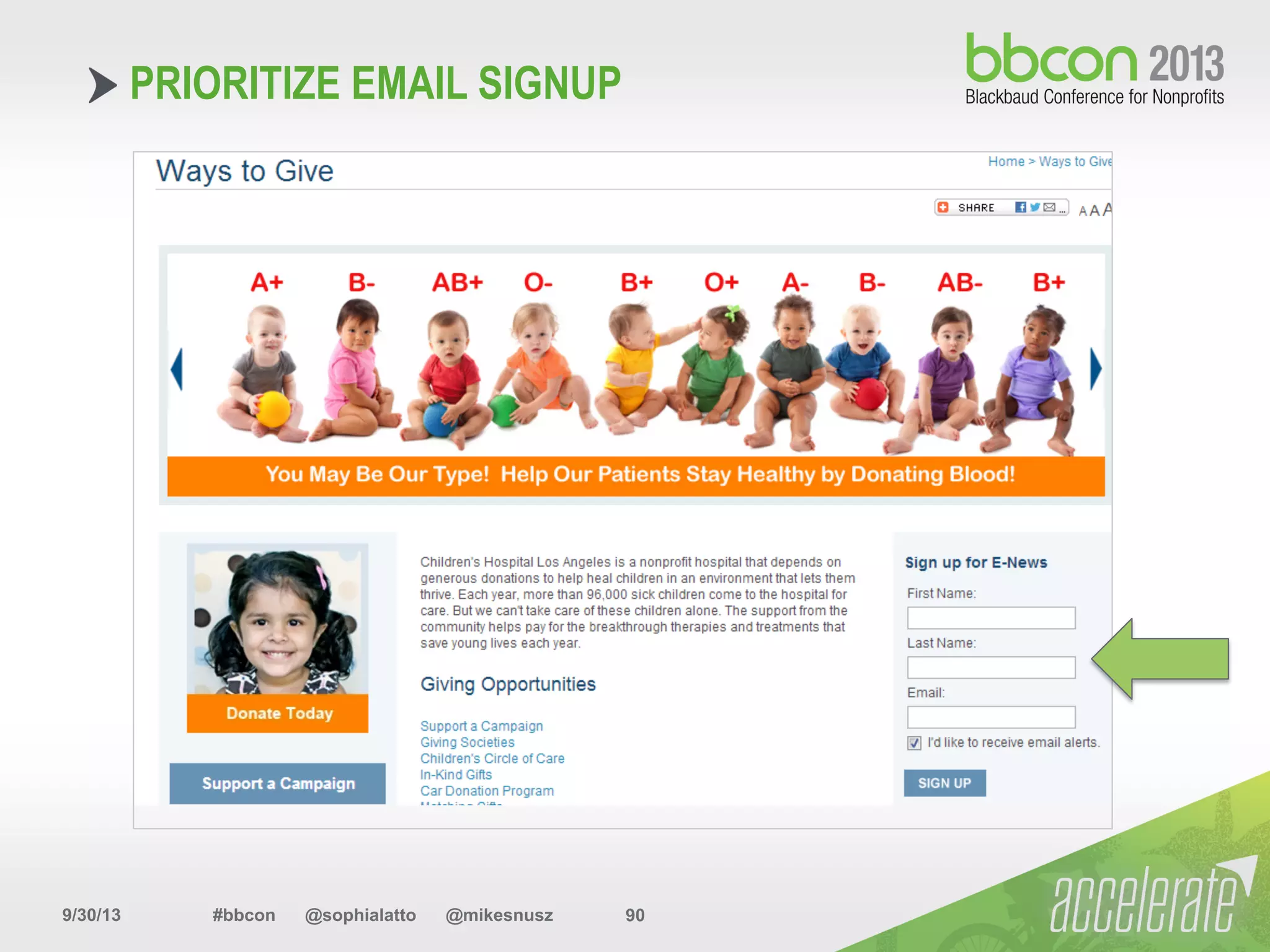 9/30/13 #bbcon @sophialatto @mikesnusz 90
PRIORITIZE EMAIL SIGNUP
 