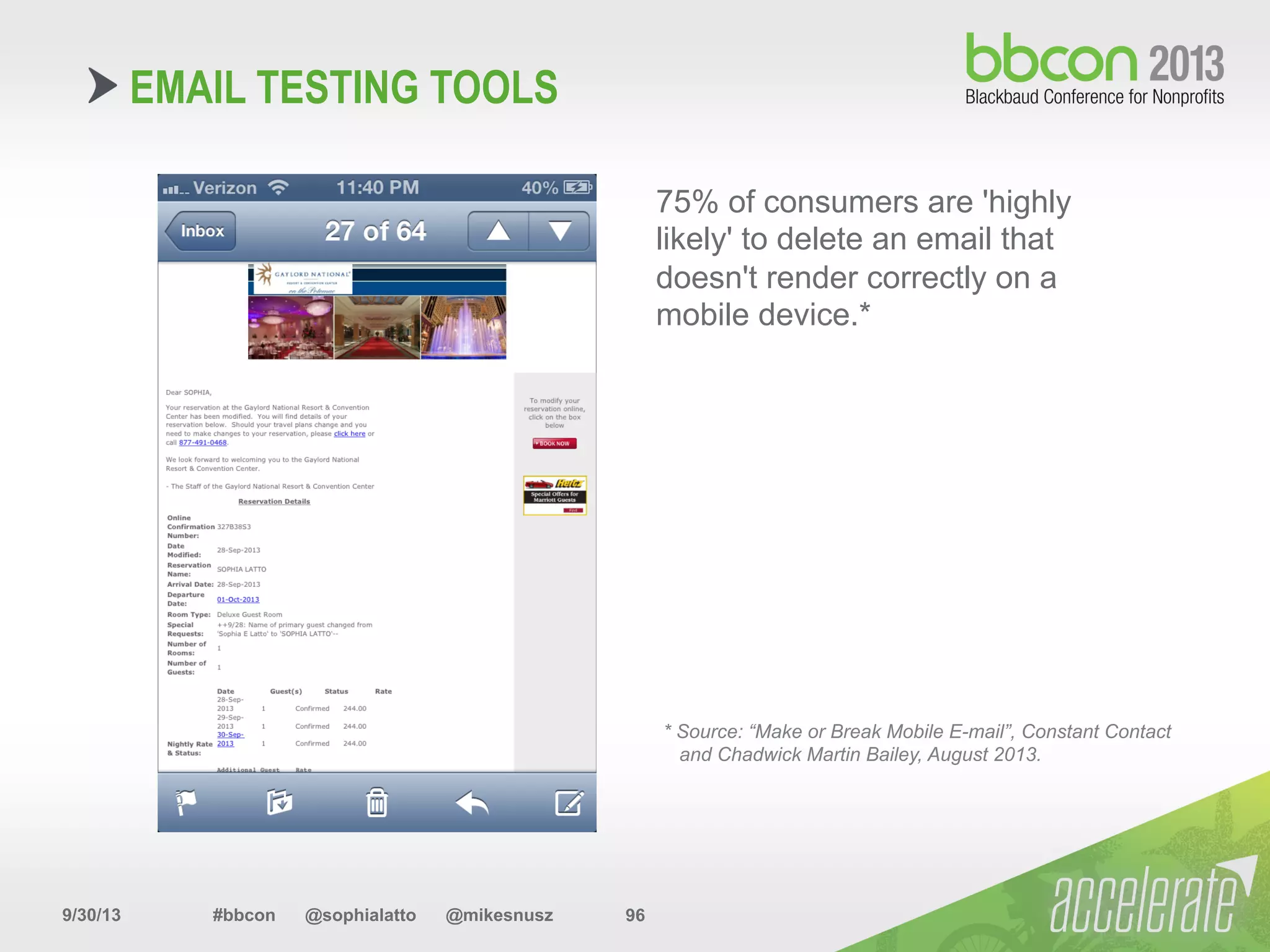 9/30/13 #bbcon @sophialatto @mikesnusz 96
75% of consumers are 'highly
likely' to delete an email that
doesn't render correctly on a
mobile device.*
EMAIL TESTING TOOLS
* Source: “Make or Break Mobile E-mail”, Constant Contact
and Chadwick Martin Bailey, August 2013.
 