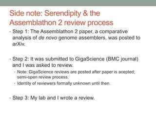 Side note: Serendipity & the
Assemblathon 2 review process
• Step 1: The Assemblathon 2 paper, a comparative
analysis of d...